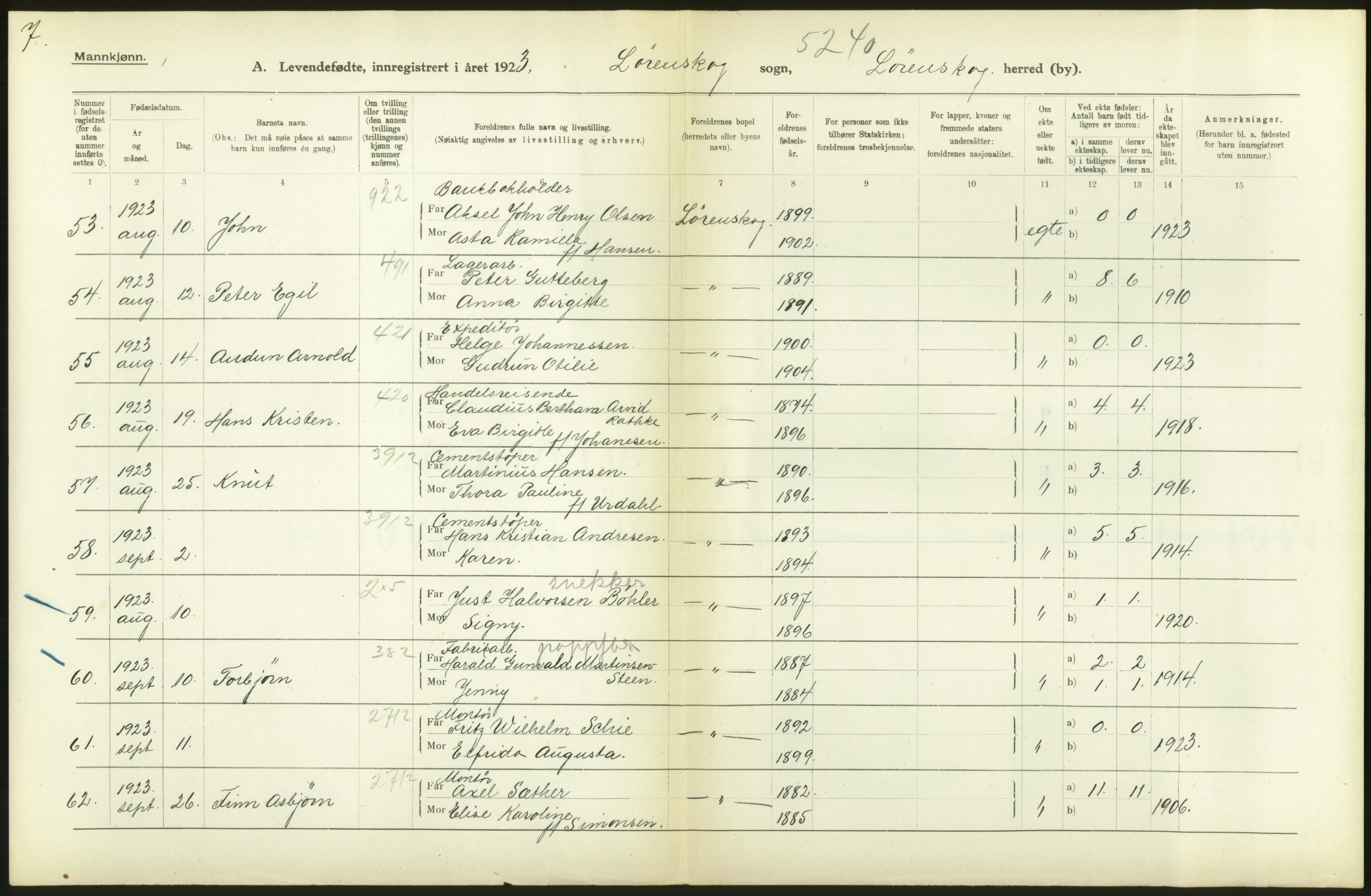 Statistisk sentralbyrå, Sosiodemografiske emner, Befolkning, AV/RA-S-2228/D/Df/Dfc/Dfcc/L0003: Akershus fylke: Levendefødte menn og kvinner. Bygder., 1923, p. 148