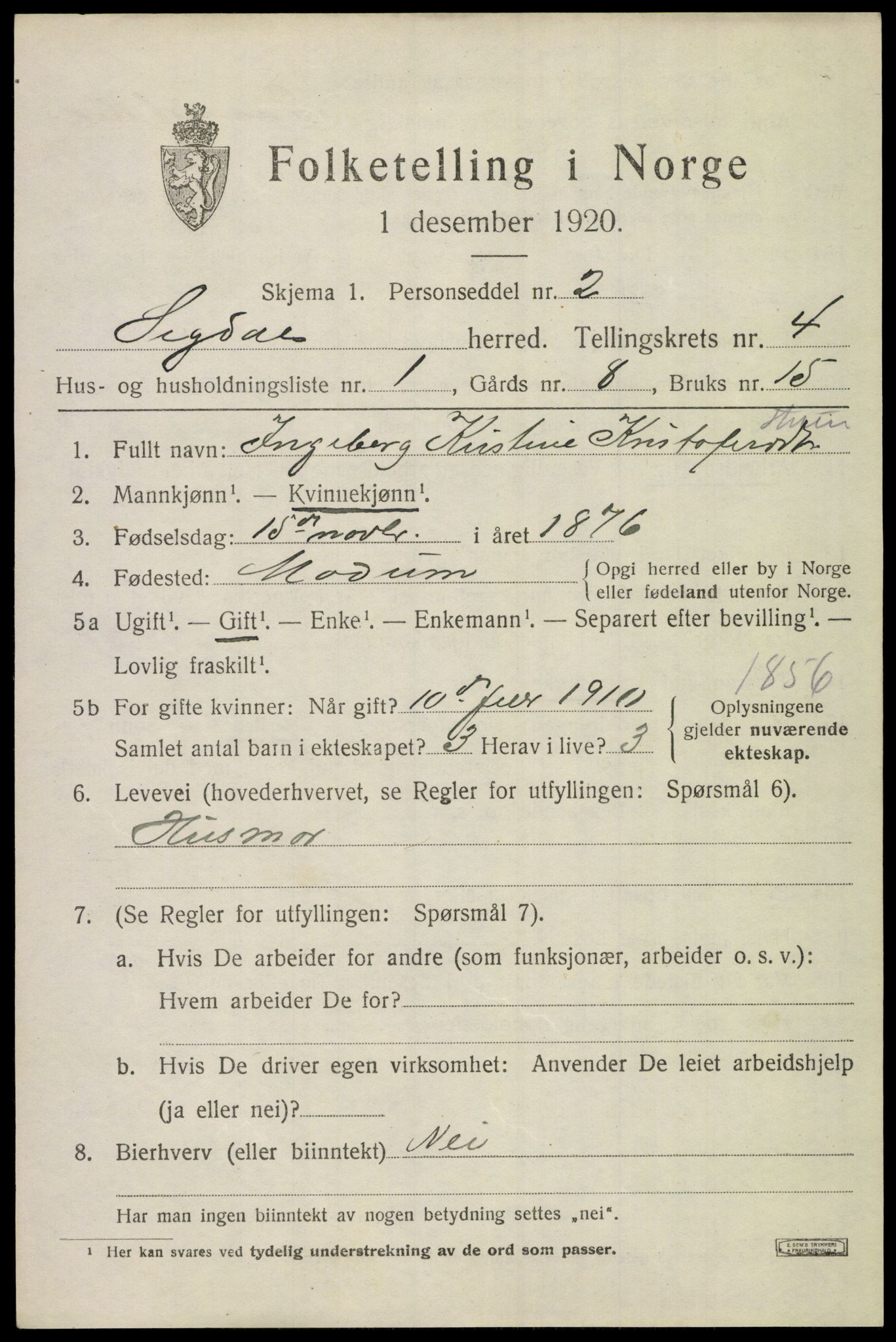 SAKO, 1920 census for Sigdal, 1920, p. 3156