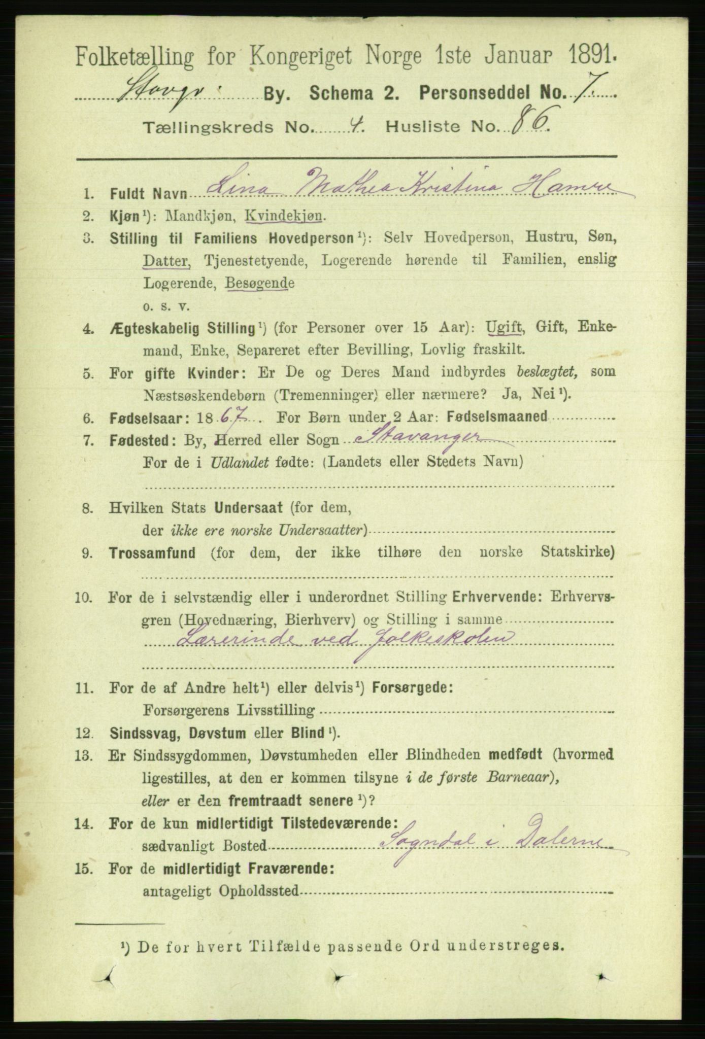 RA, 1891 census for 1103 Stavanger, 1891, p. 8590