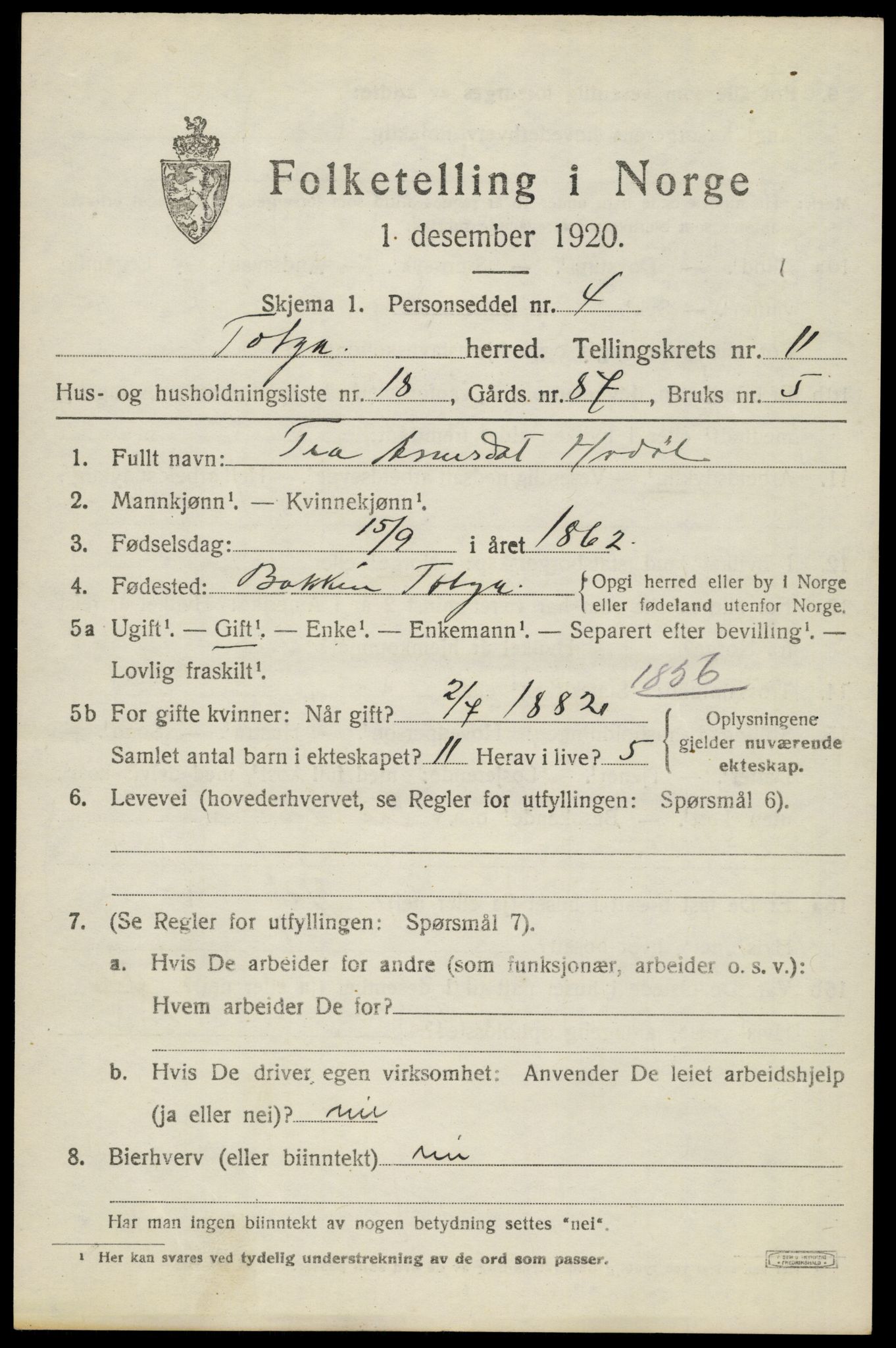 SAH, 1920 census for Tolga, 1920, p. 5443