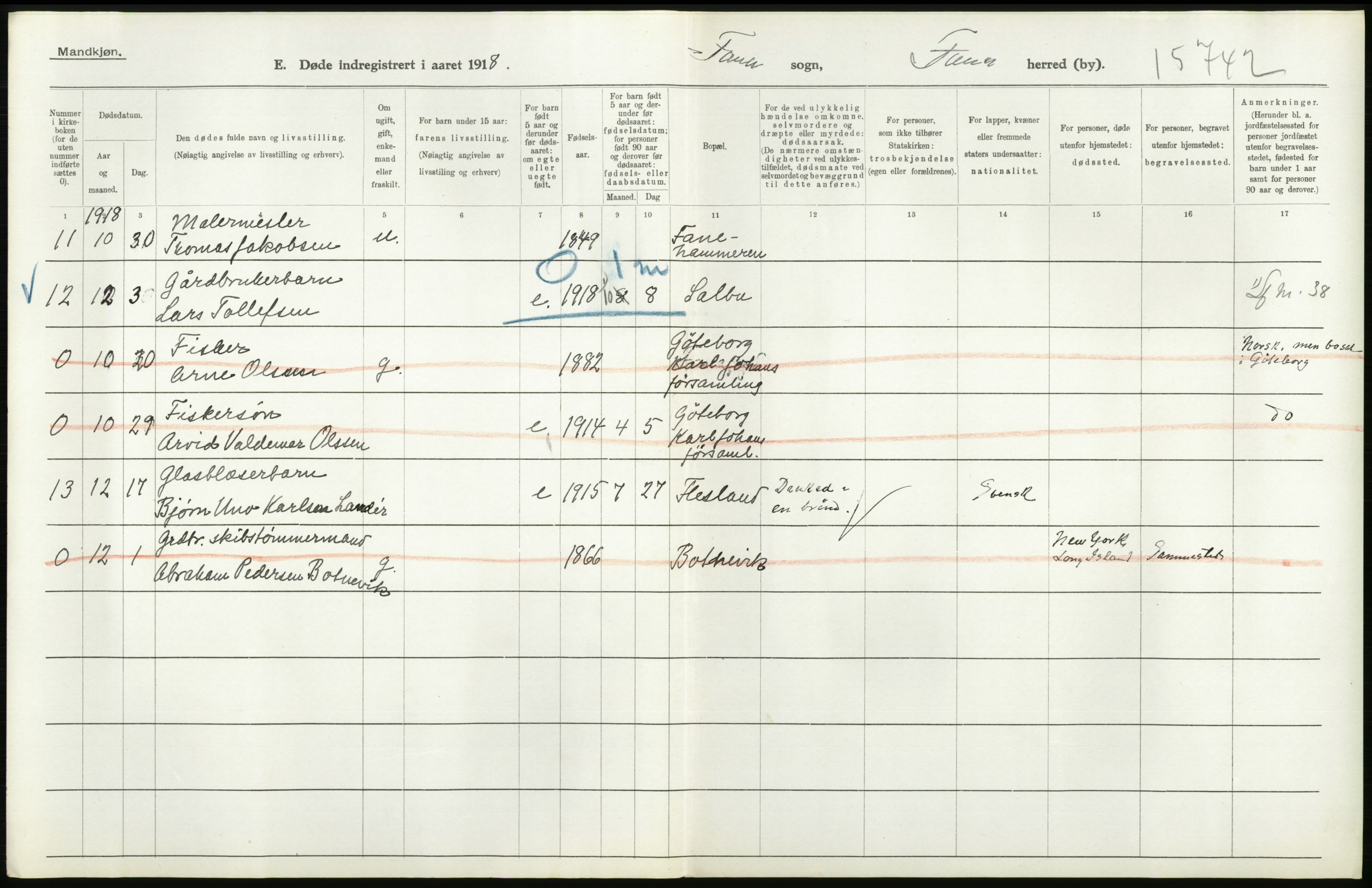 Statistisk sentralbyrå, Sosiodemografiske emner, Befolkning, AV/RA-S-2228/D/Df/Dfb/Dfbh/L0036: Hordaland fylke: Døde., 1918, p. 152