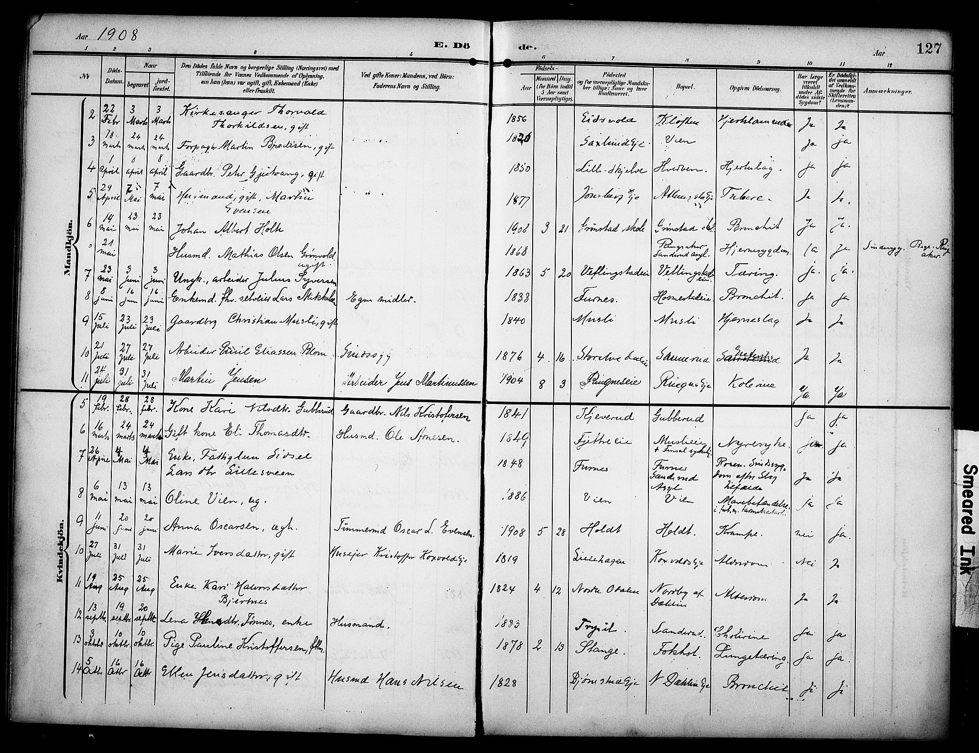 Stange prestekontor, AV/SAH-PREST-002/K/L0022: Parish register (official) no. 22, 1903-1914, p. 127