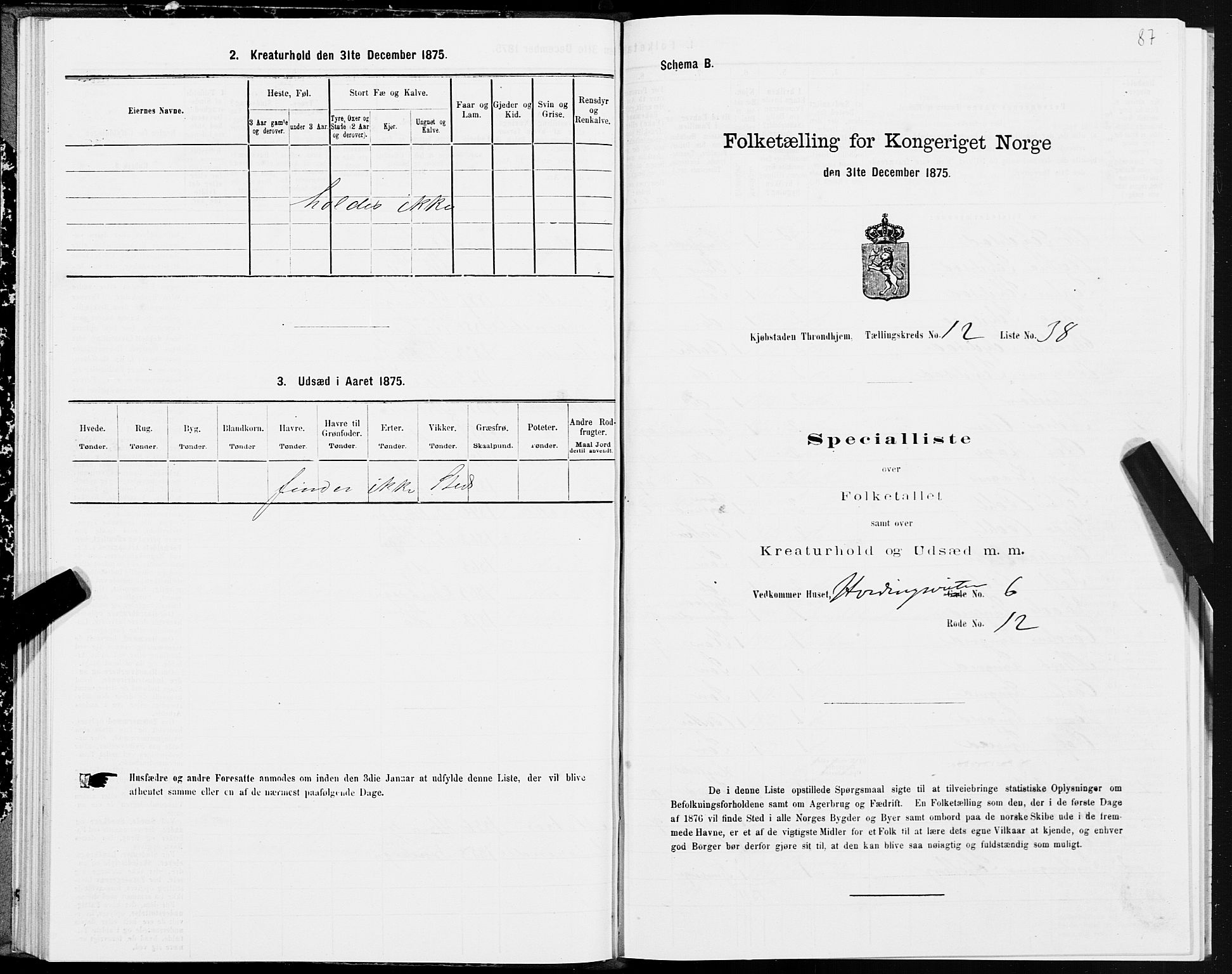 SAT, 1875 census for 1601 Trondheim, 1875, p. 7087