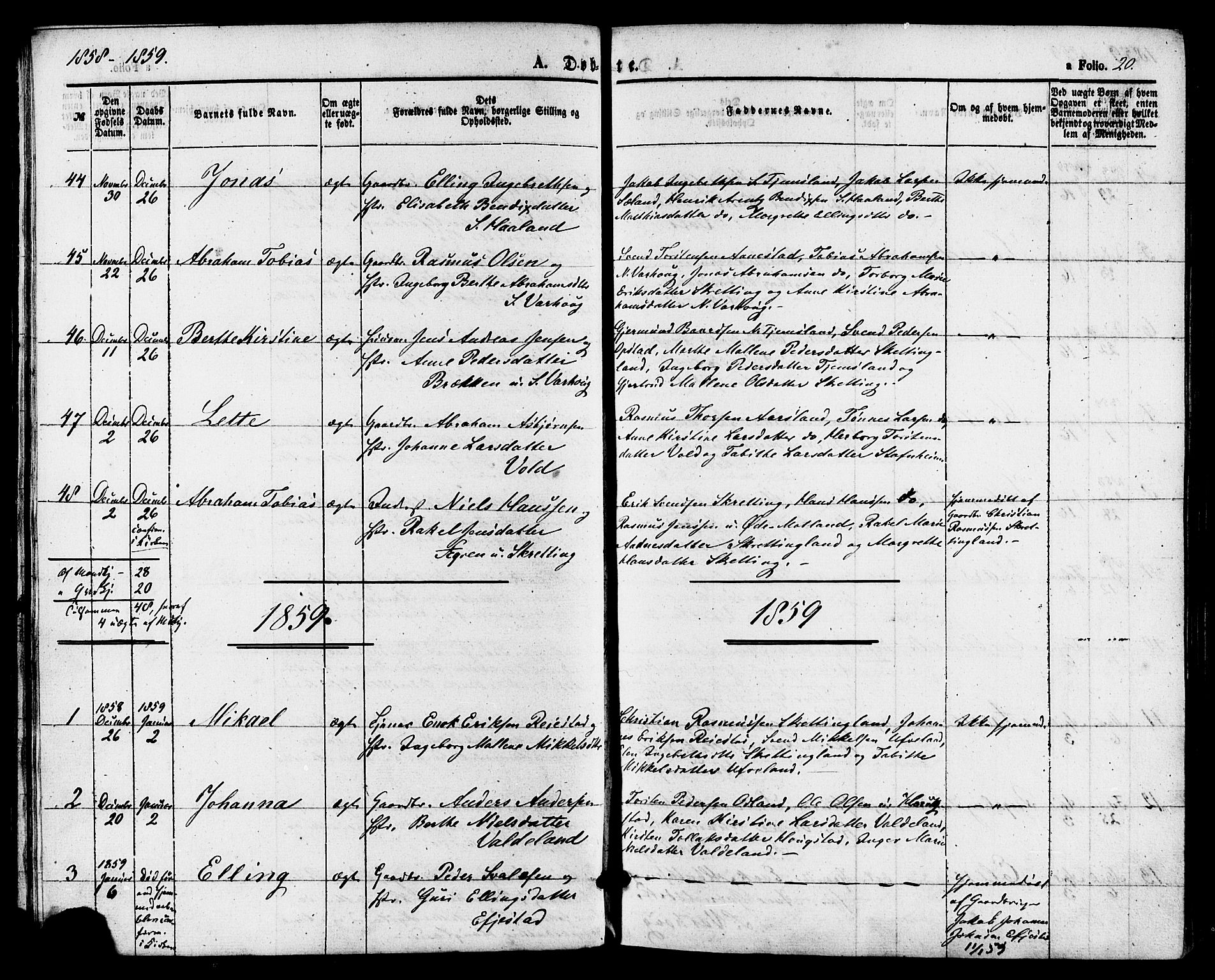 Hå sokneprestkontor, AV/SAST-A-101801/001/30BA/L0009: Parish register (official) no. A 8, 1855-1878, p. 20