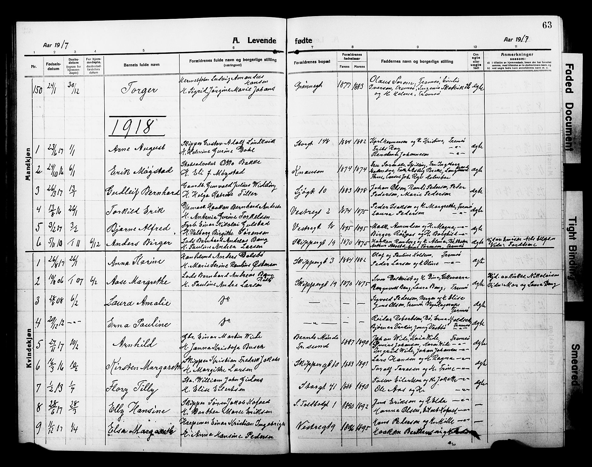 Tromsø sokneprestkontor/stiftsprosti/domprosti, AV/SATØ-S-1343/G/Gb/L0009klokker: Parish register (copy) no. 9, 1915-1925, p. 63