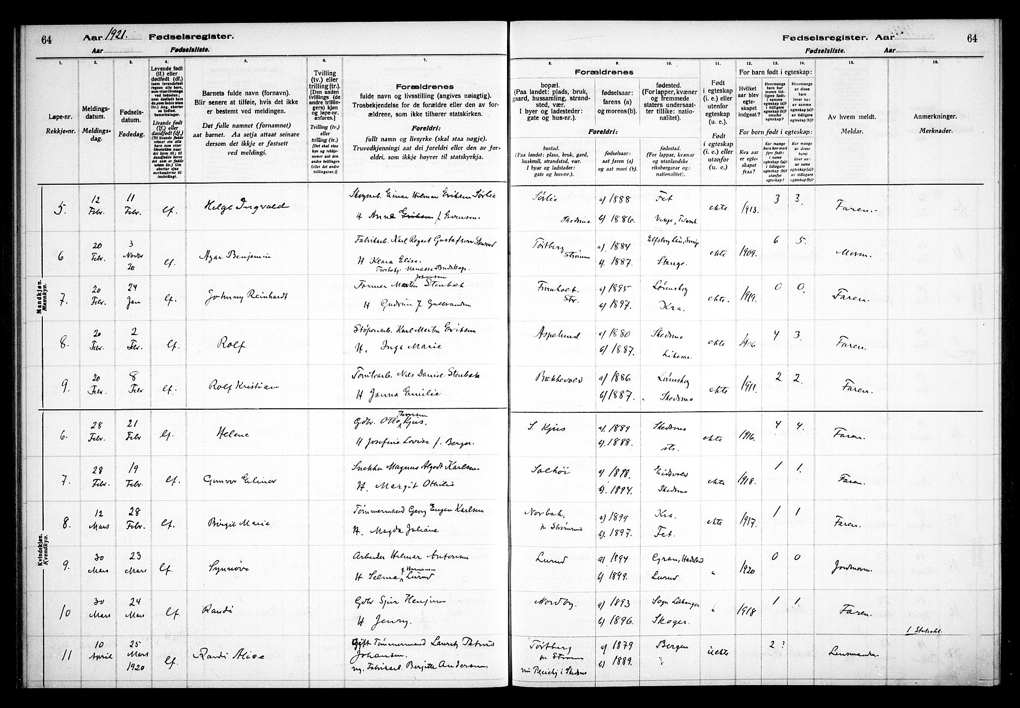 Skedsmo prestekontor Kirkebøker, AV/SAO-A-10033a/J/Ja/L0001: Birth register no. I 1, 1916-1931, p. 64