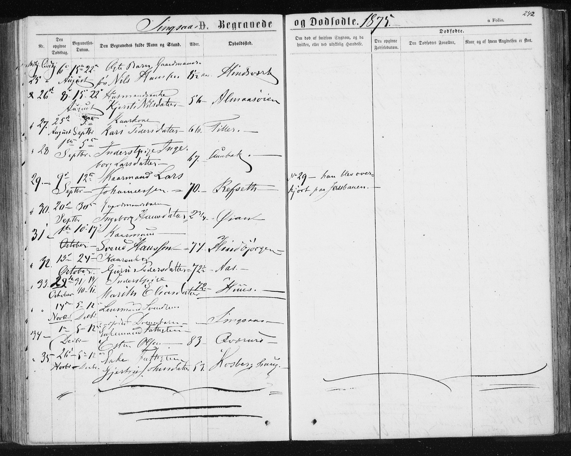 Ministerialprotokoller, klokkerbøker og fødselsregistre - Sør-Trøndelag, SAT/A-1456/685/L0970: Parish register (official) no. 685A08 /2, 1870-1878, p. 242