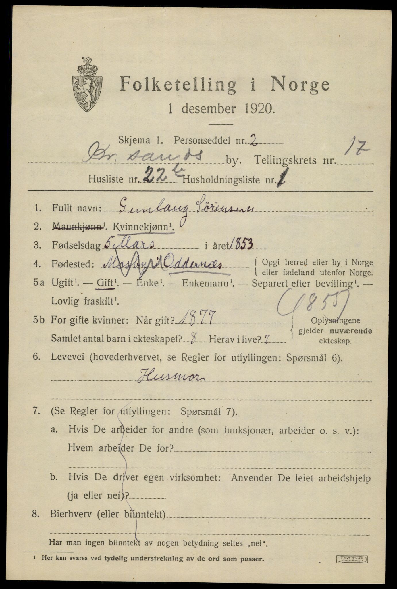 SAK, 1920 census for Kristiansand, 1920, p. 32857