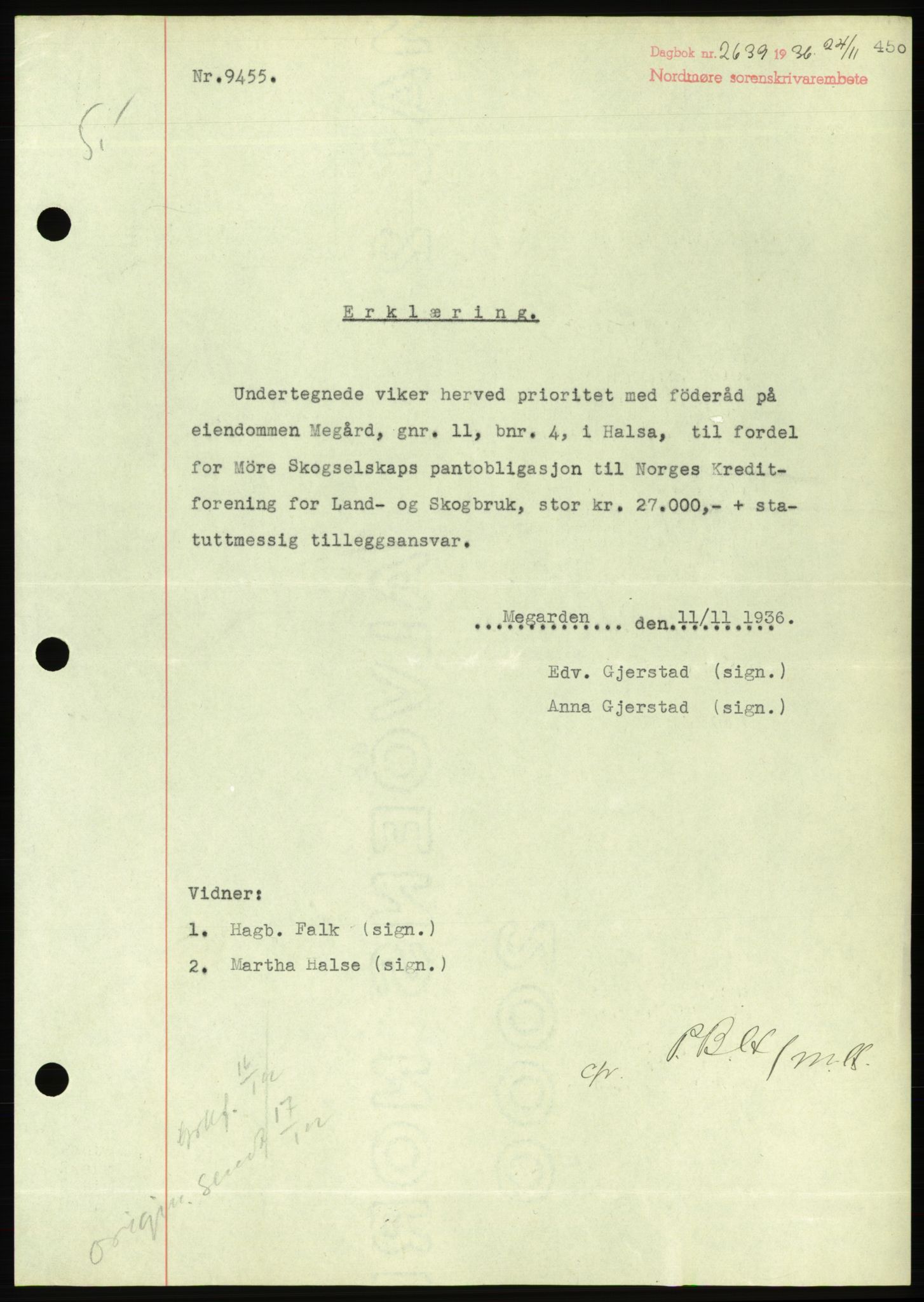 Nordmøre sorenskriveri, AV/SAT-A-4132/1/2/2Ca/L0090: Mortgage book no. B80, 1936-1937, Diary no: : 2639/1936