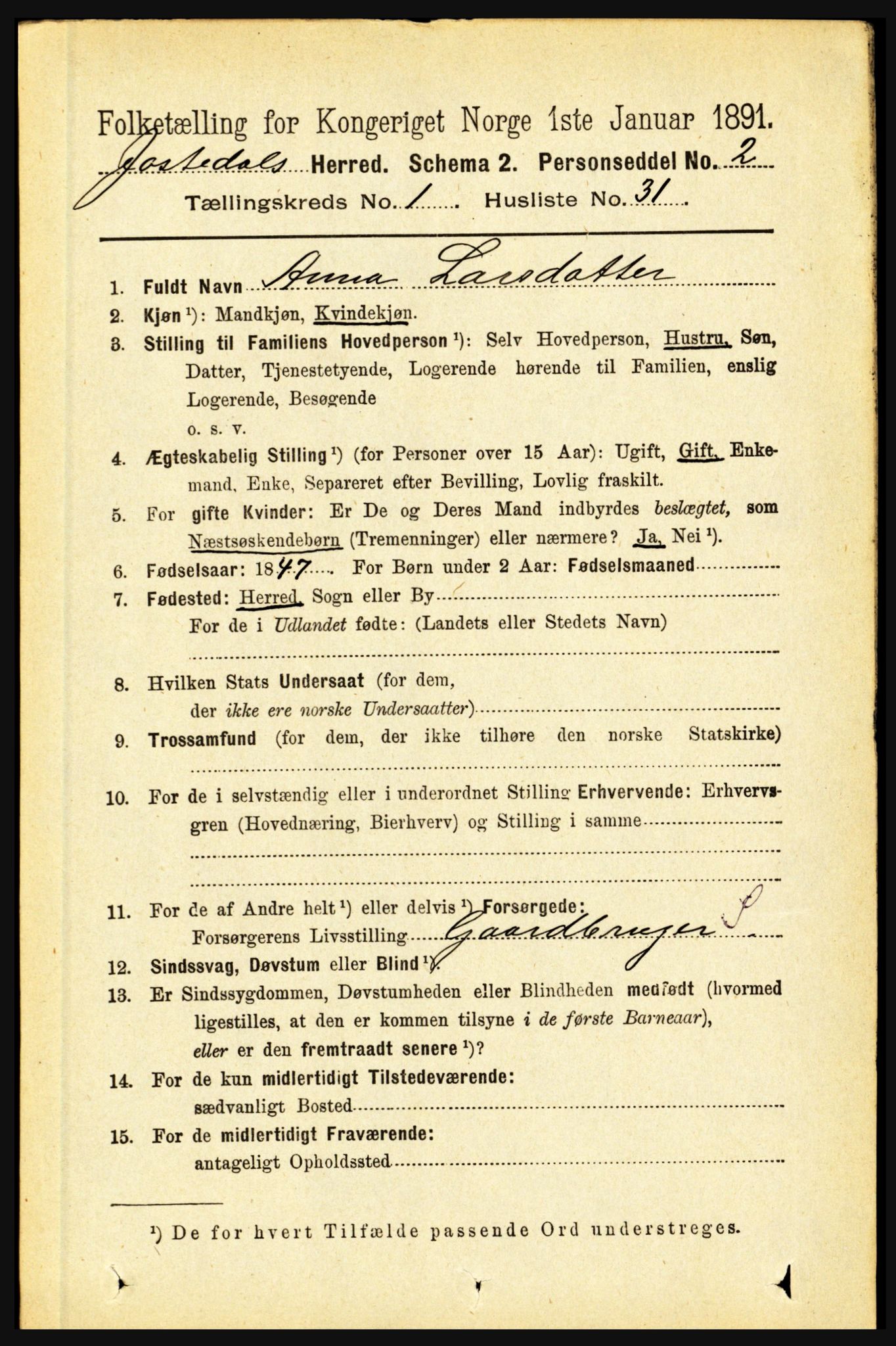 RA, 1891 census for 1427 Jostedal, 1891, p. 295