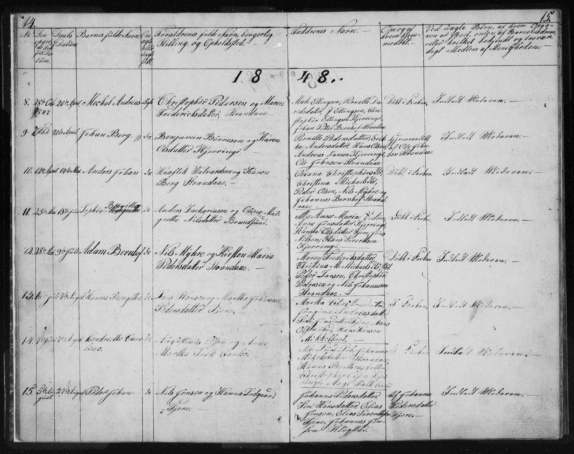Ministerialprotokoller, klokkerbøker og fødselsregistre - Nordland, SAT/A-1459/803/L0074: Parish register (copy) no. 803C01, 1845-1866, p. 14-15