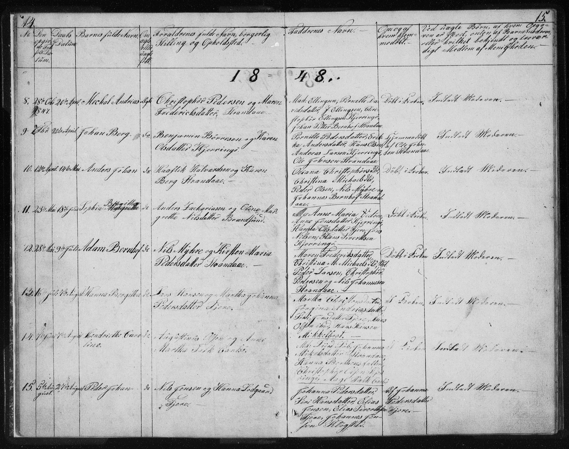 Ministerialprotokoller, klokkerbøker og fødselsregistre - Nordland, AV/SAT-A-1459/803/L0074: Parish register (copy) no. 803C01, 1845-1866, p. 14-15