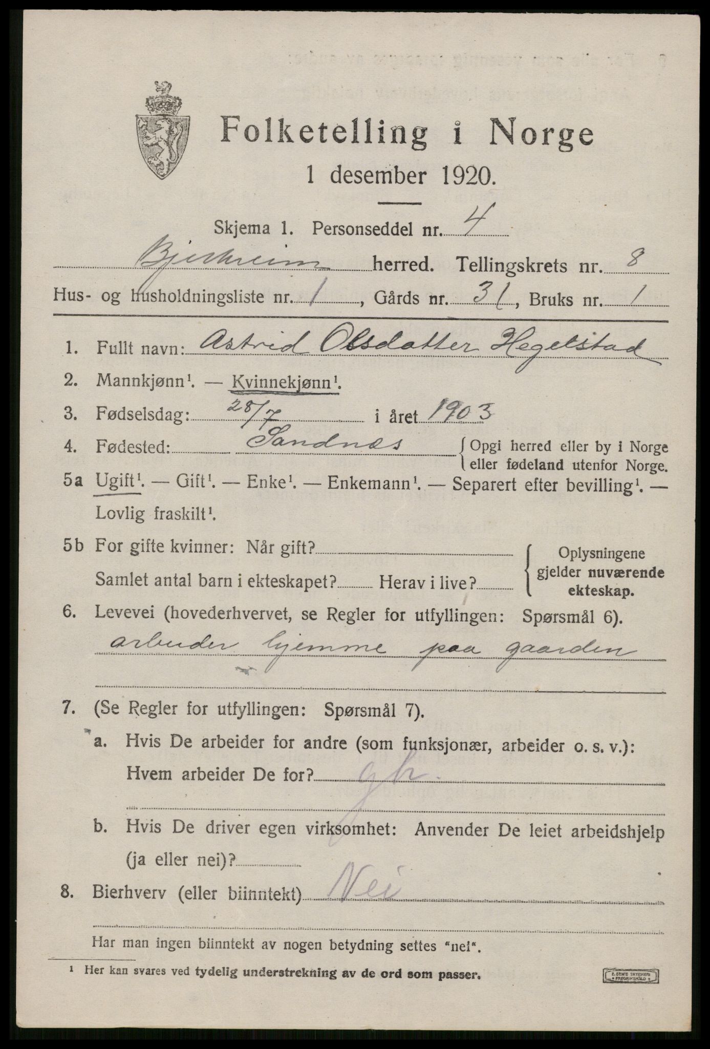 SAST, 1920 census for Bjerkreim, 1920, p. 2590