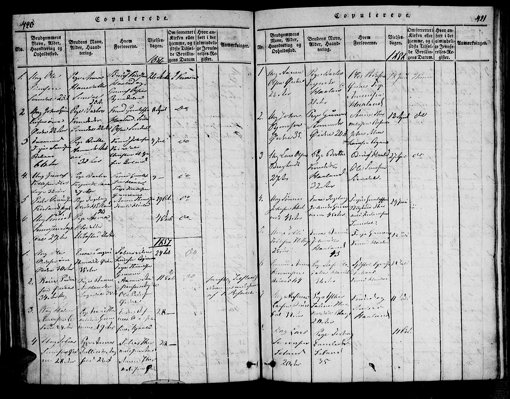 Bjelland sokneprestkontor, SAK/1111-0005/F/Fa/Fac/L0001: Parish register (official) no. A 1, 1815-1866, p. 420-421