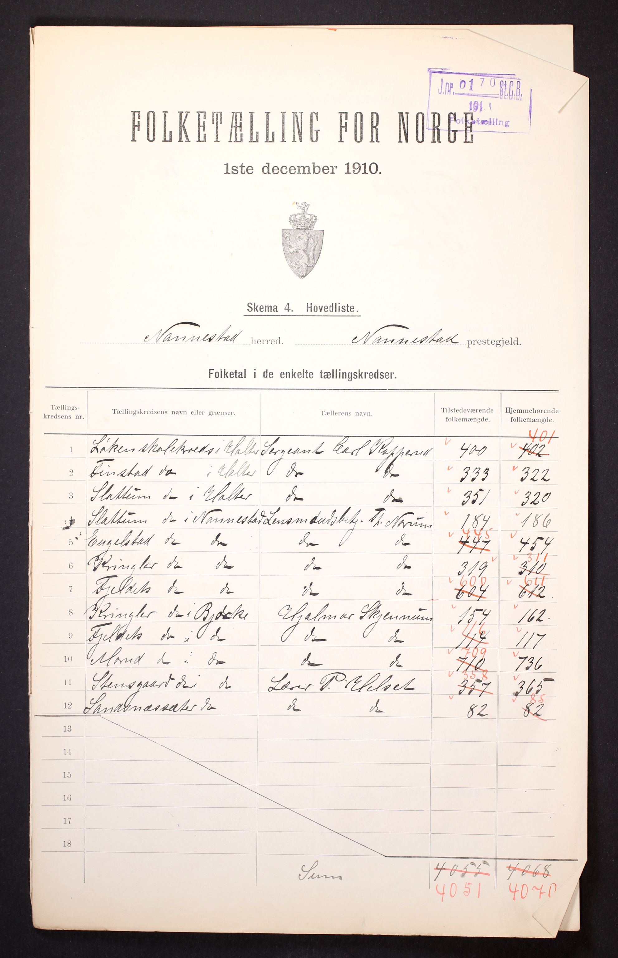 RA, 1910 census for Nannestad, 1910, p. 2
