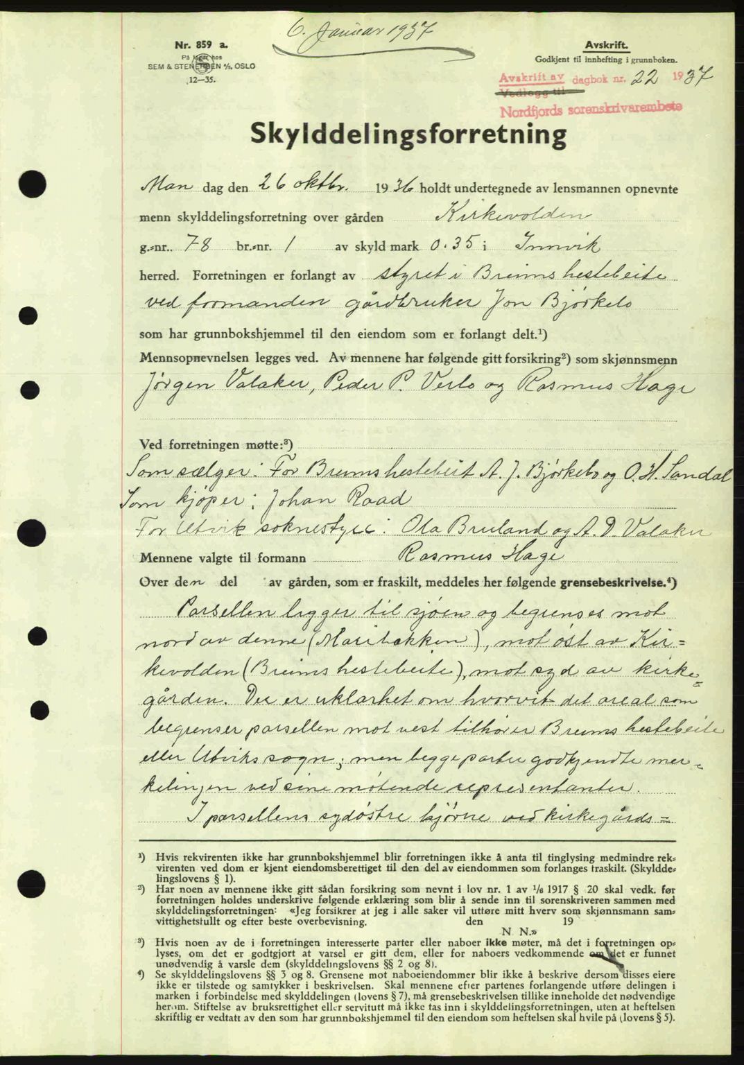 Nordfjord sorenskriveri, AV/SAB-A-2801/02/02b/02bj/L0001: Mortgage book no. A1, 1936-1937, Diary no: : 22/1937