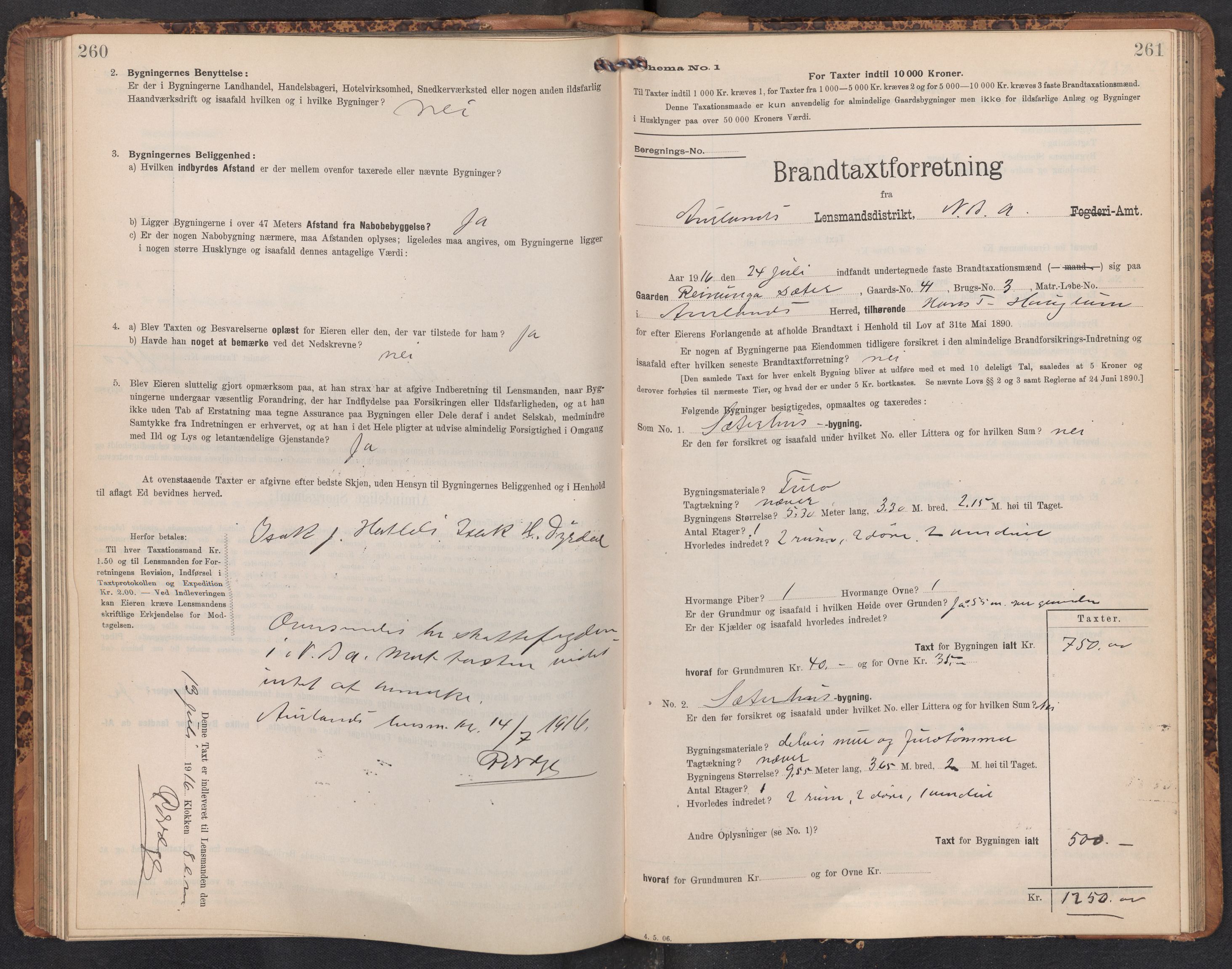 Lensmannen i Aurland, AV/SAB-A-26401/0012/L0005: Branntakstprotokoll, skjematakst, 1909-1916, p. 260-261