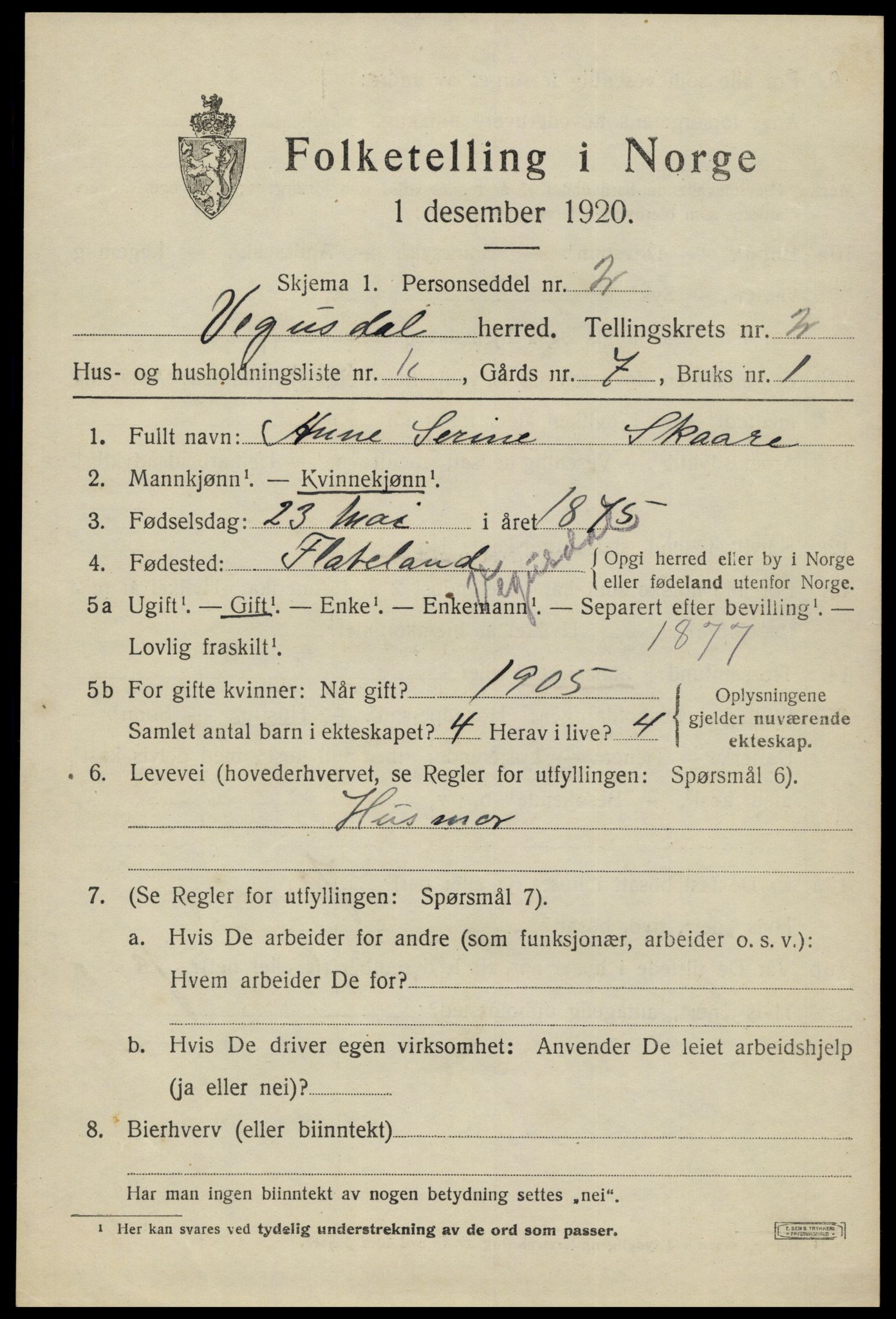 SAK, 1920 census for Vegusdal, 1920, p. 631