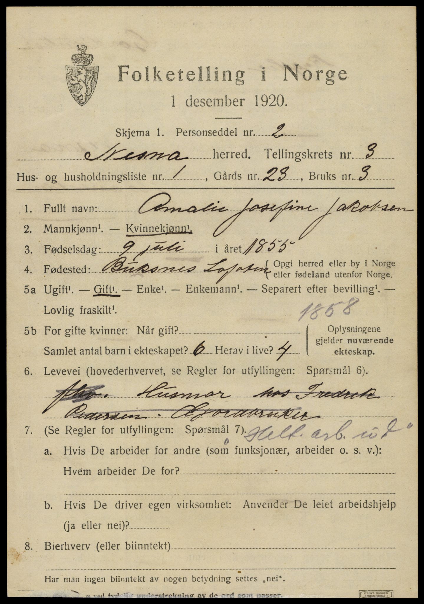 SAT, 1920 census for Nesna, 1920, p. 2561