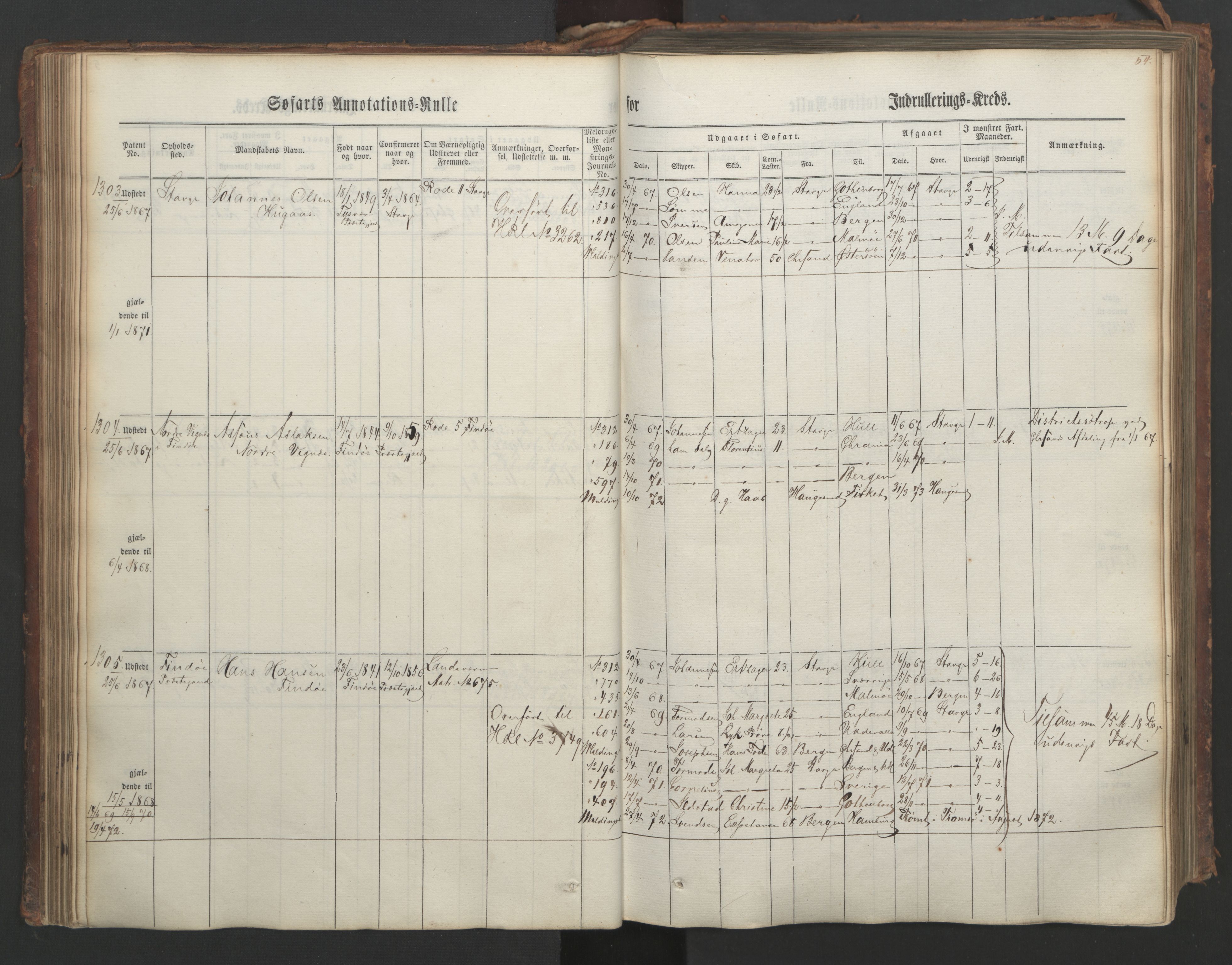 Stavanger sjømannskontor, AV/SAST-A-102006/F/Ff/L0003: Annotasjonsrulle, patentnr. 1144-1761, 1866, p. 65