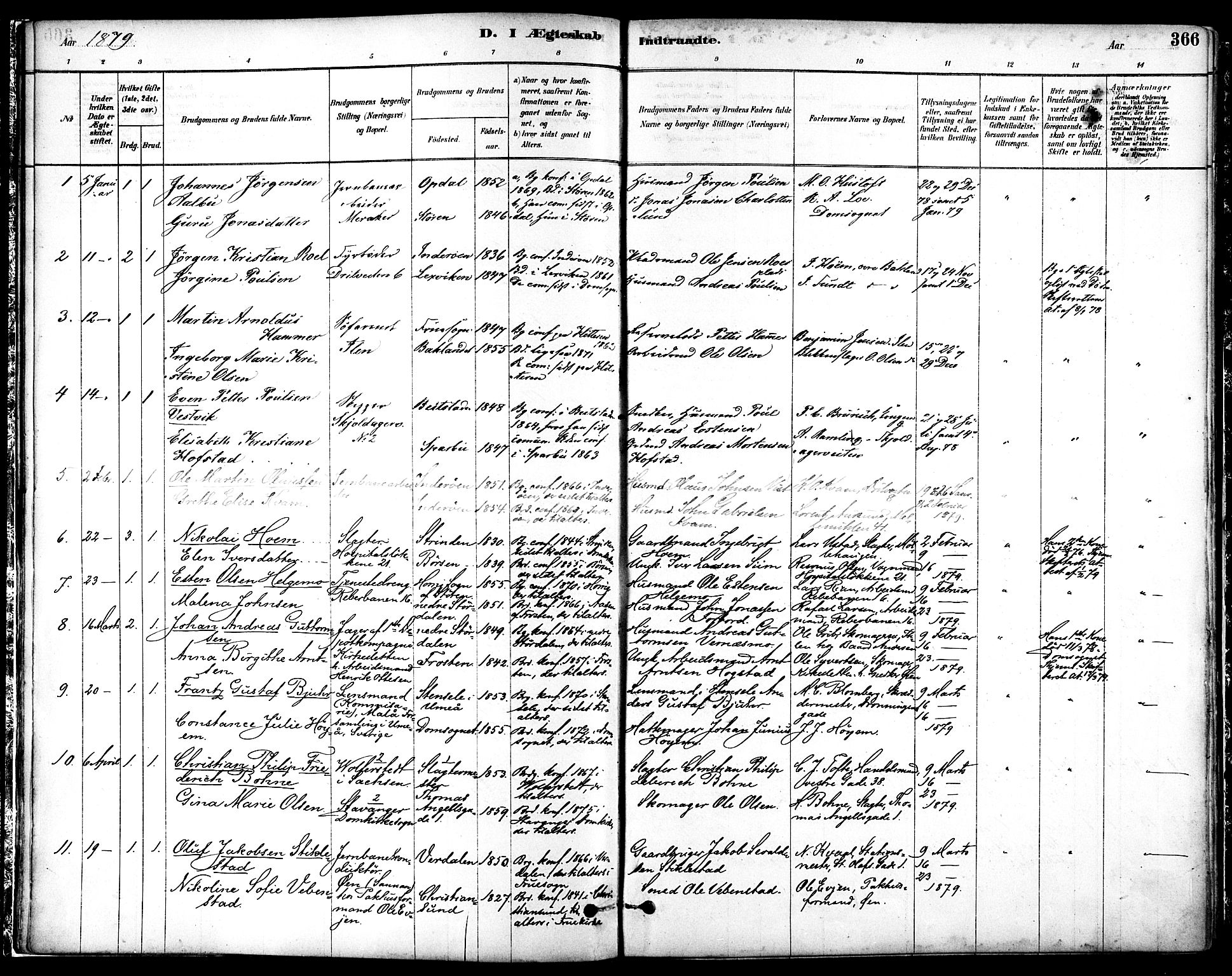 Ministerialprotokoller, klokkerbøker og fødselsregistre - Sør-Trøndelag, SAT/A-1456/601/L0058: Parish register (official) no. 601A26, 1877-1891, p. 366