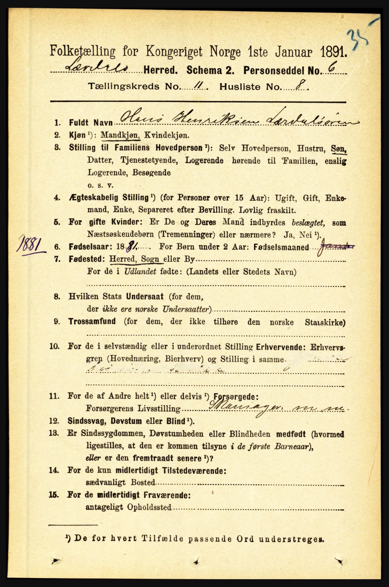 RA, 1891 census for 1422 Lærdal, 1891, p. 2187