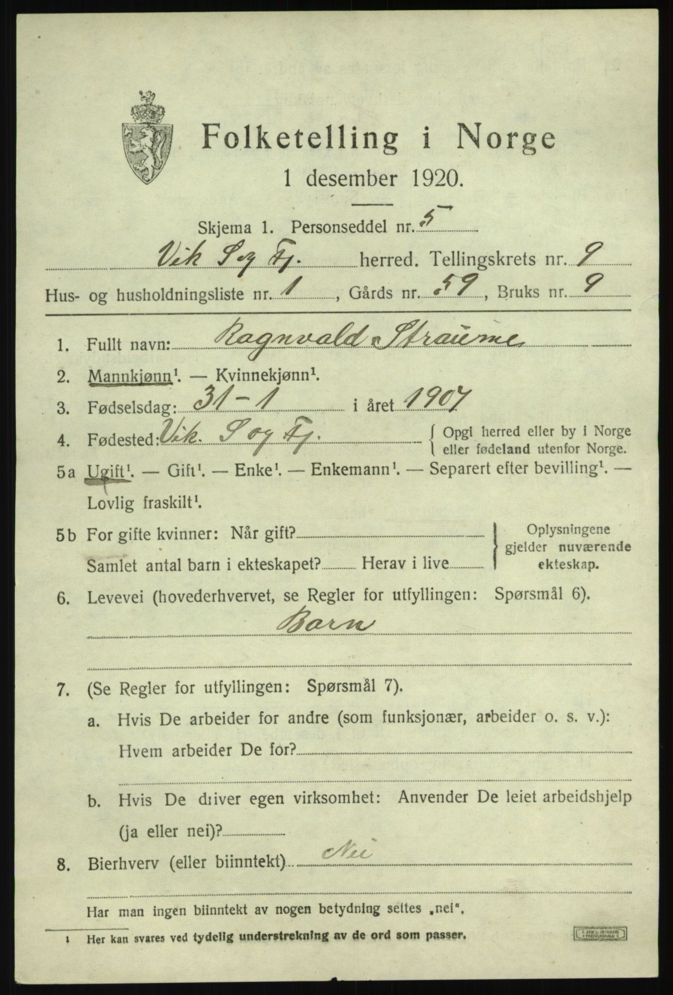 SAB, 1920 census for Vik, 1920, p. 5525