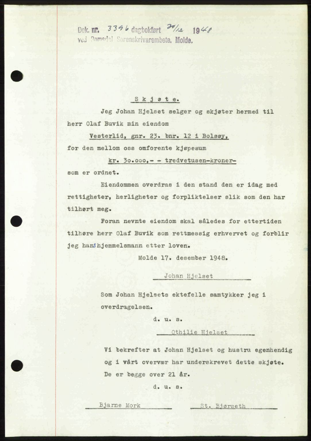 Romsdal sorenskriveri, AV/SAT-A-4149/1/2/2C: Mortgage book no. A28, 1948-1949, Diary no: : 3396/1948