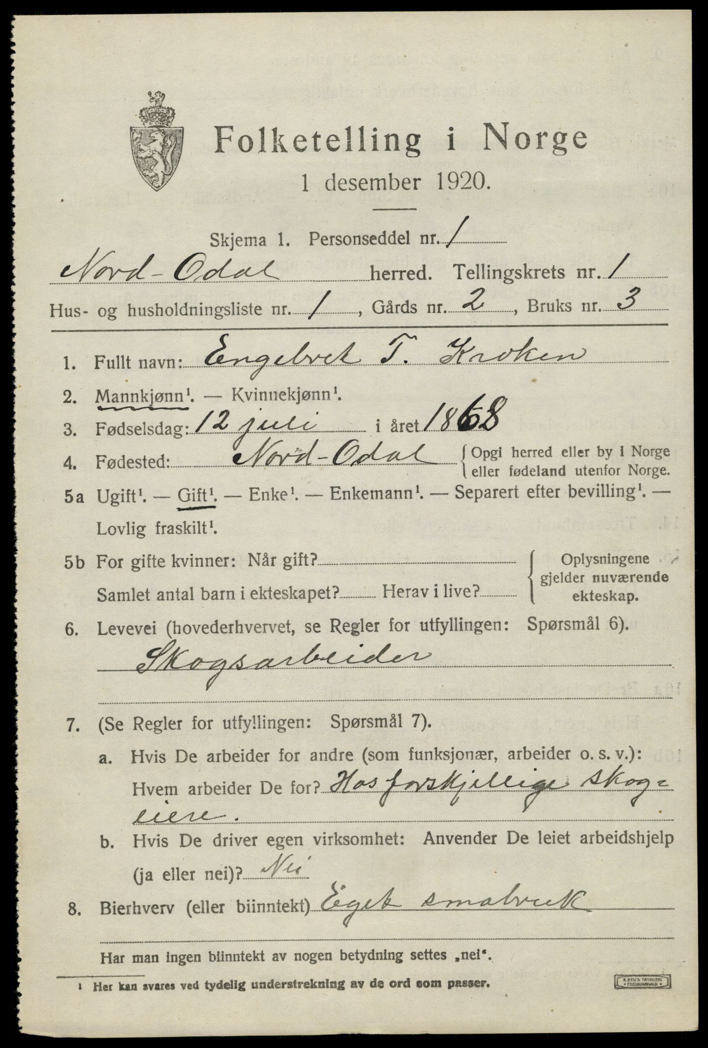 SAH, 1920 census for Nord-Odal, 1920, p. 1799