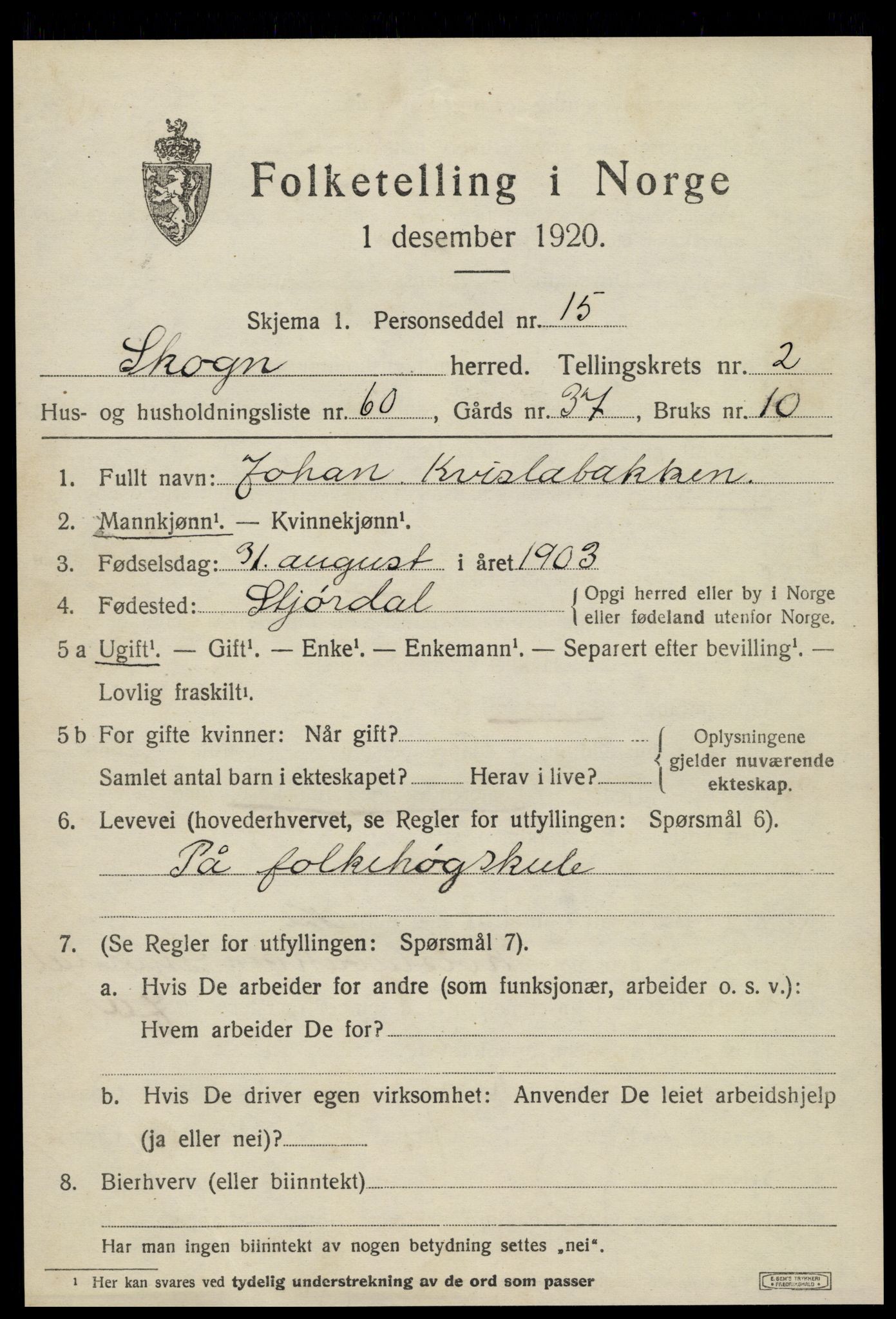 SAT, 1920 census for Skogn, 1920, p. 3675