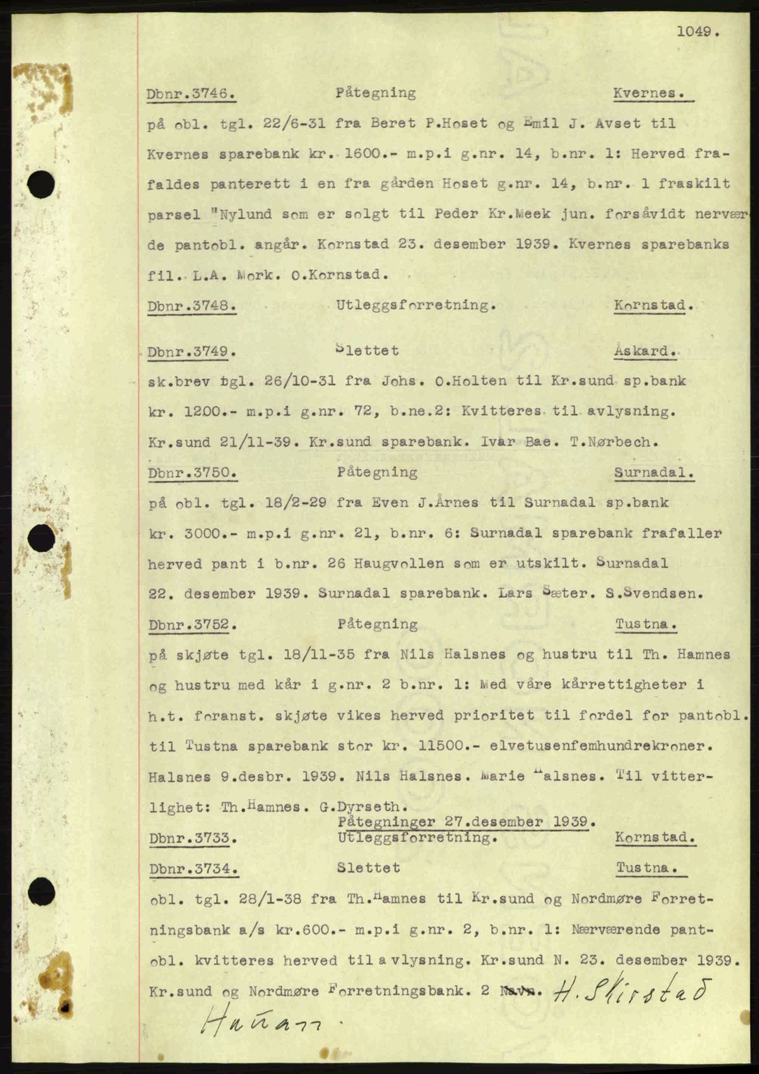 Nordmøre sorenskriveri, AV/SAT-A-4132/1/2/2Ca: Mortgage book no. C80, 1936-1939, Diary no: : 3746/1939