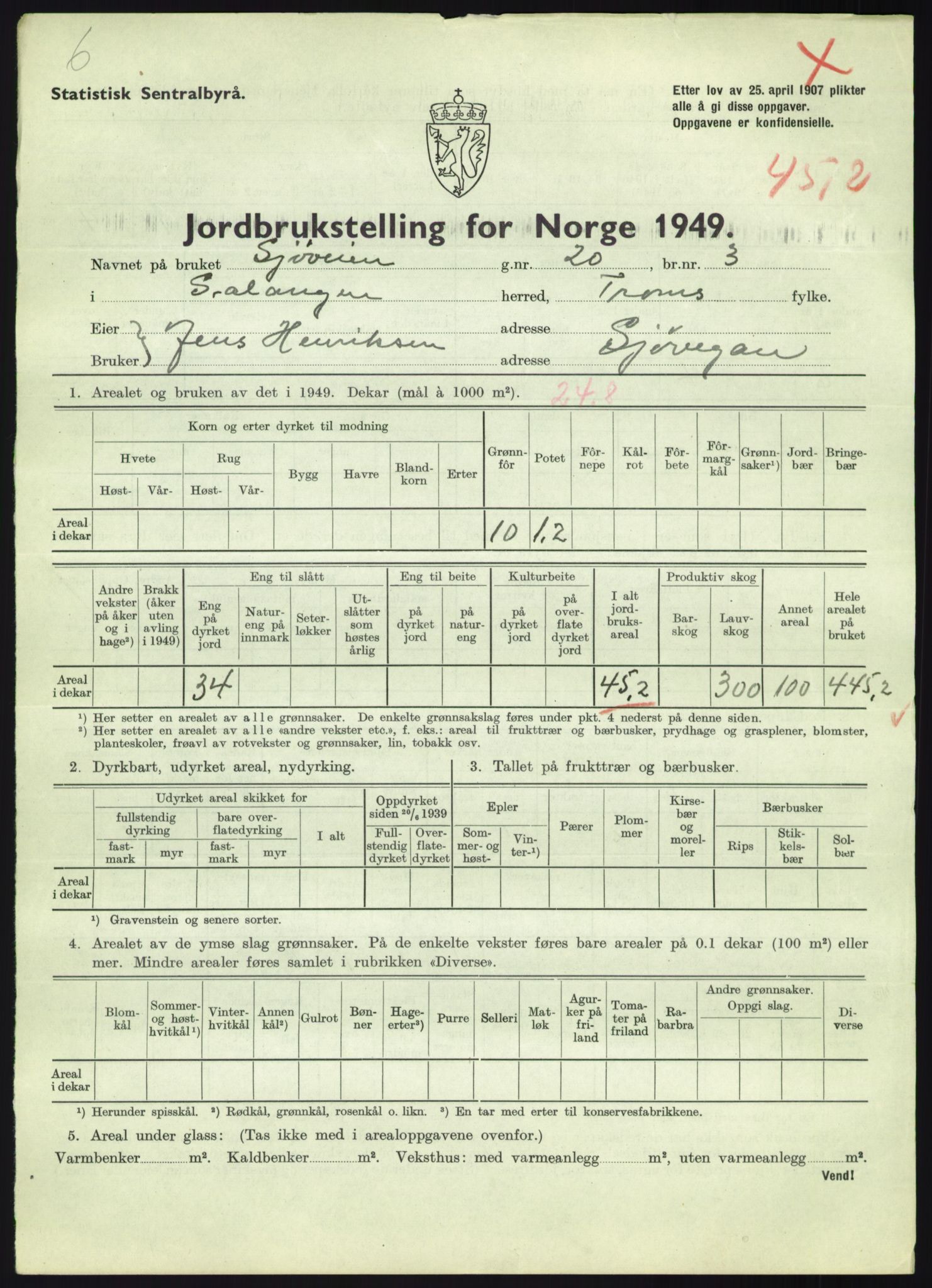 Statistisk sentralbyrå, Næringsøkonomiske emner, Jordbruk, skogbruk, jakt, fiske og fangst, AV/RA-S-2234/G/Gc/L0438: Troms: Salangen og Bardu, 1949, p. 615