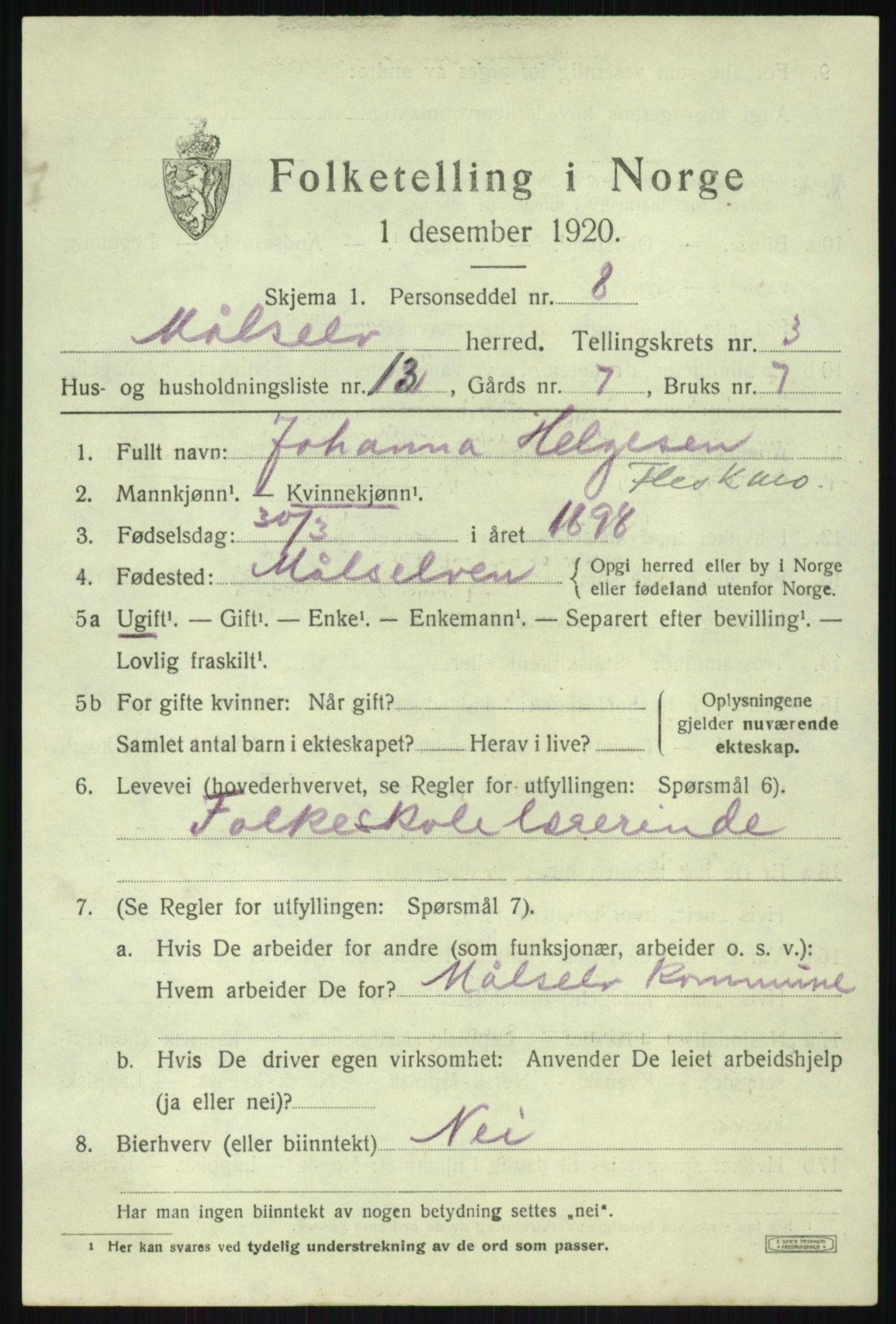 SATØ, 1920 census for Målselv, 1920, p. 2415