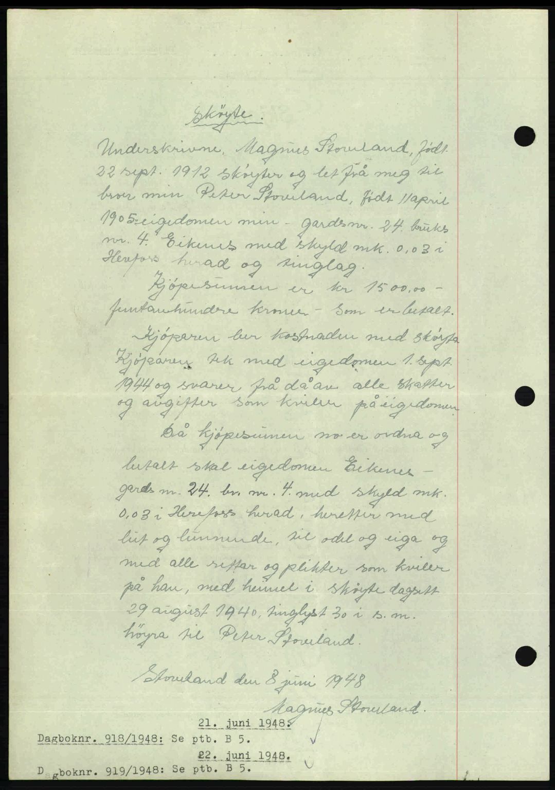 Nedenes sorenskriveri, AV/SAK-1221-0006/G/Gb/Gba/L0059: Mortgage book no. A11, 1948-1948, Diary no: : 917/1948