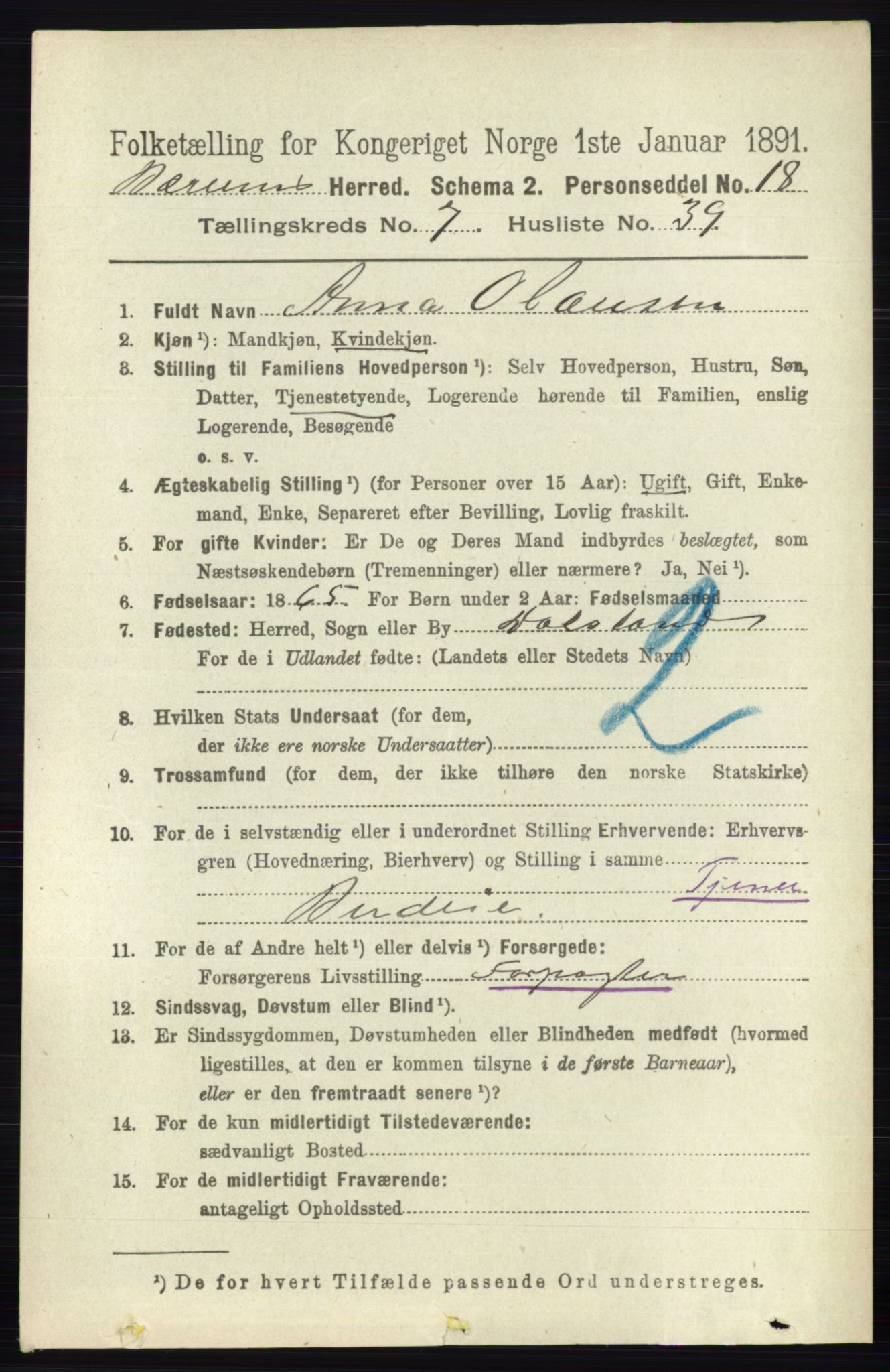 RA, 1891 census for 0219 Bærum, 1891, p. 4437