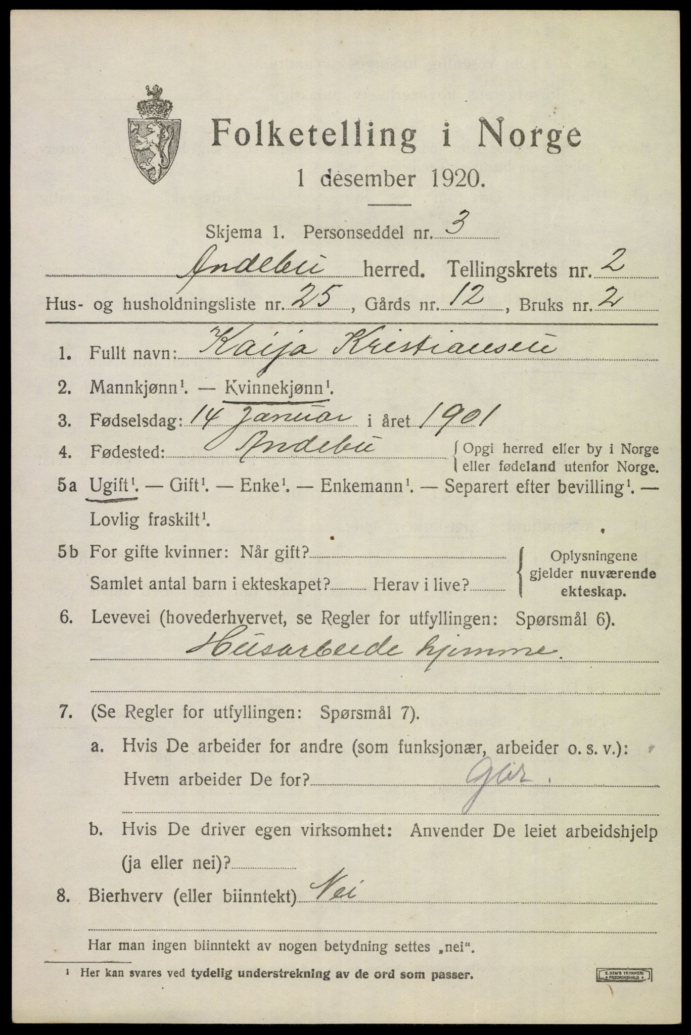 SAKO, 1920 census for Andebu, 1920, p. 1828