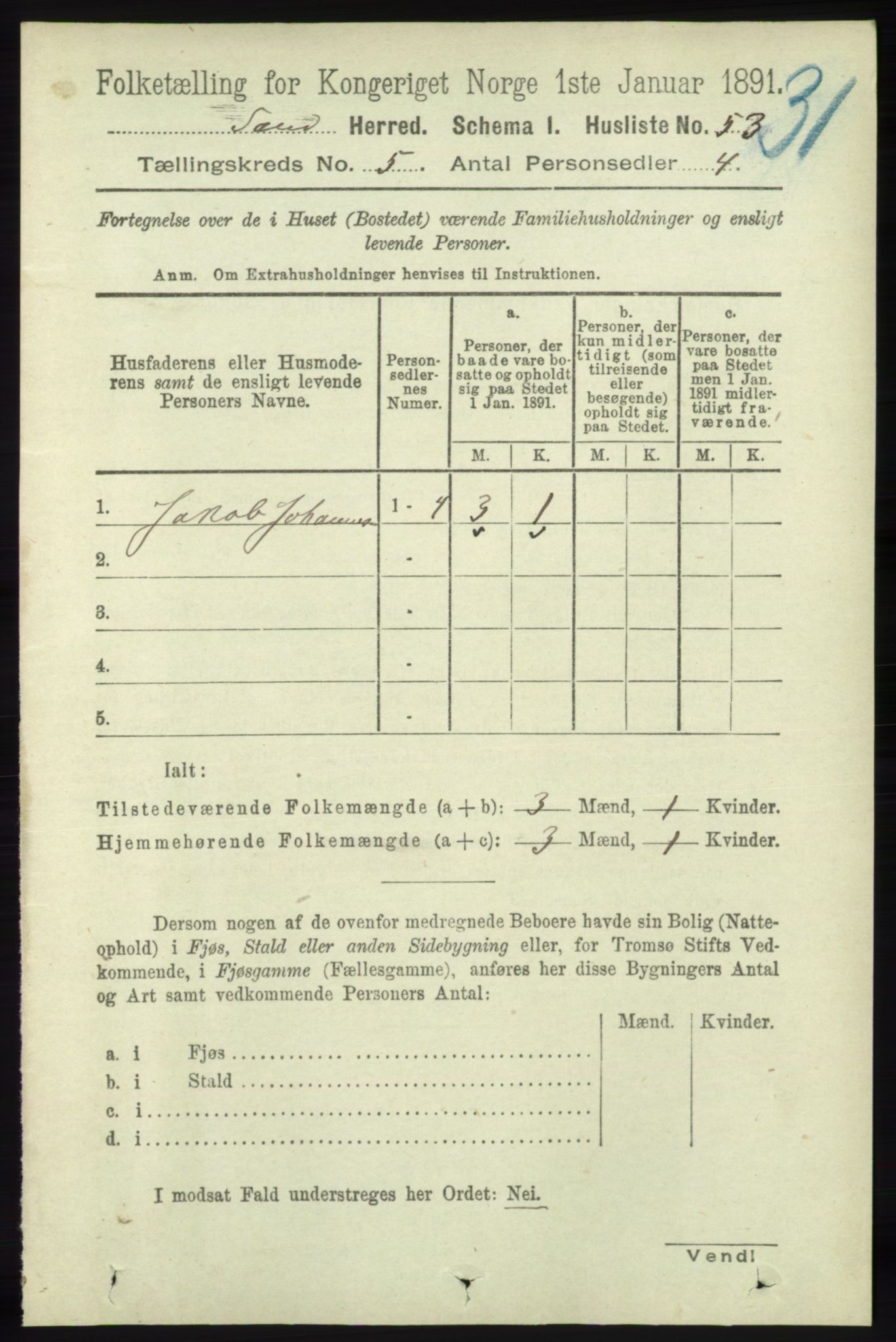 RA, 1891 census for 1136 Sand, 1891, p. 1537