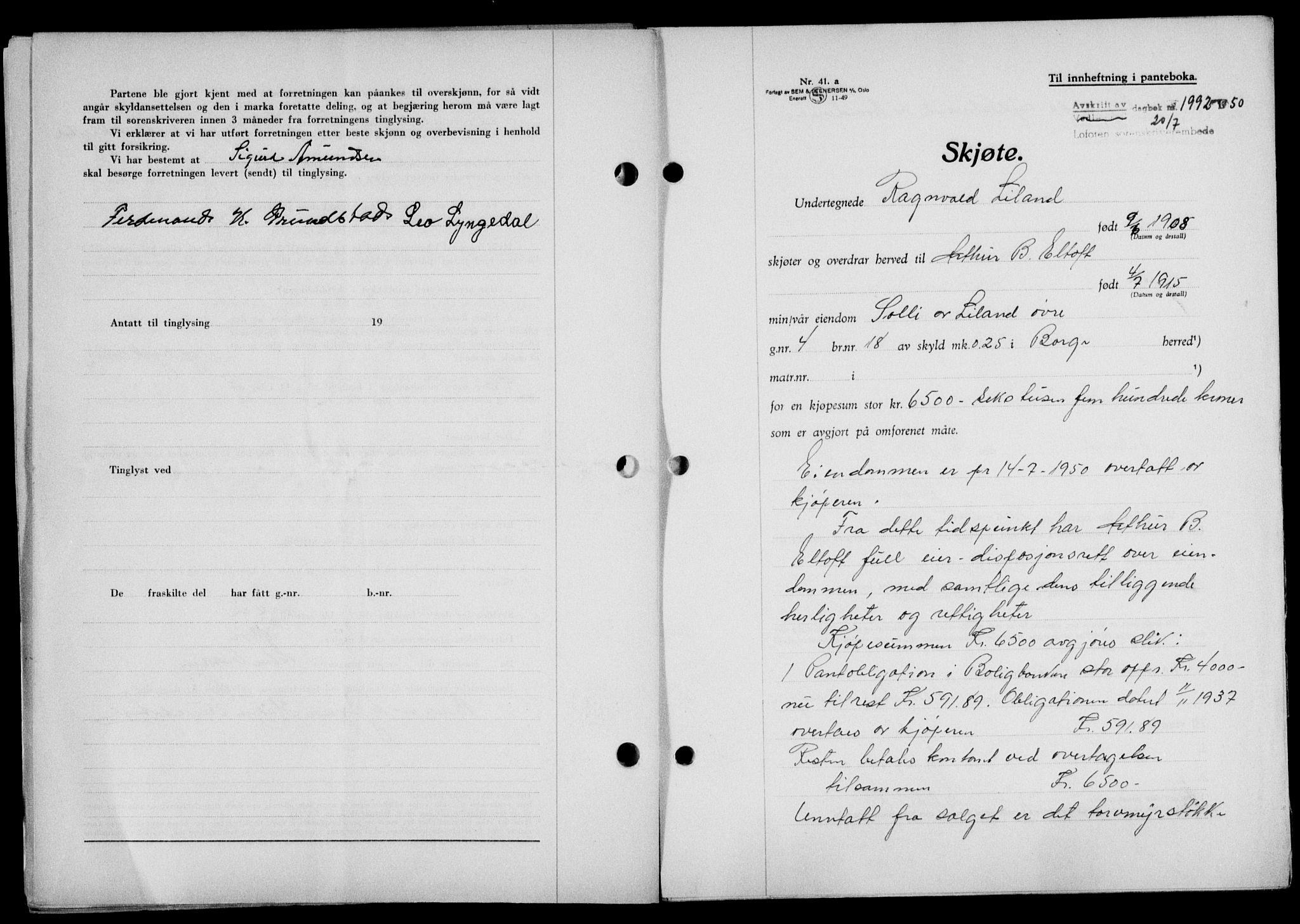 Lofoten sorenskriveri, SAT/A-0017/1/2/2C/L0024a: Mortgage book no. 24a, 1950-1950, Diary no: : 1992/1950