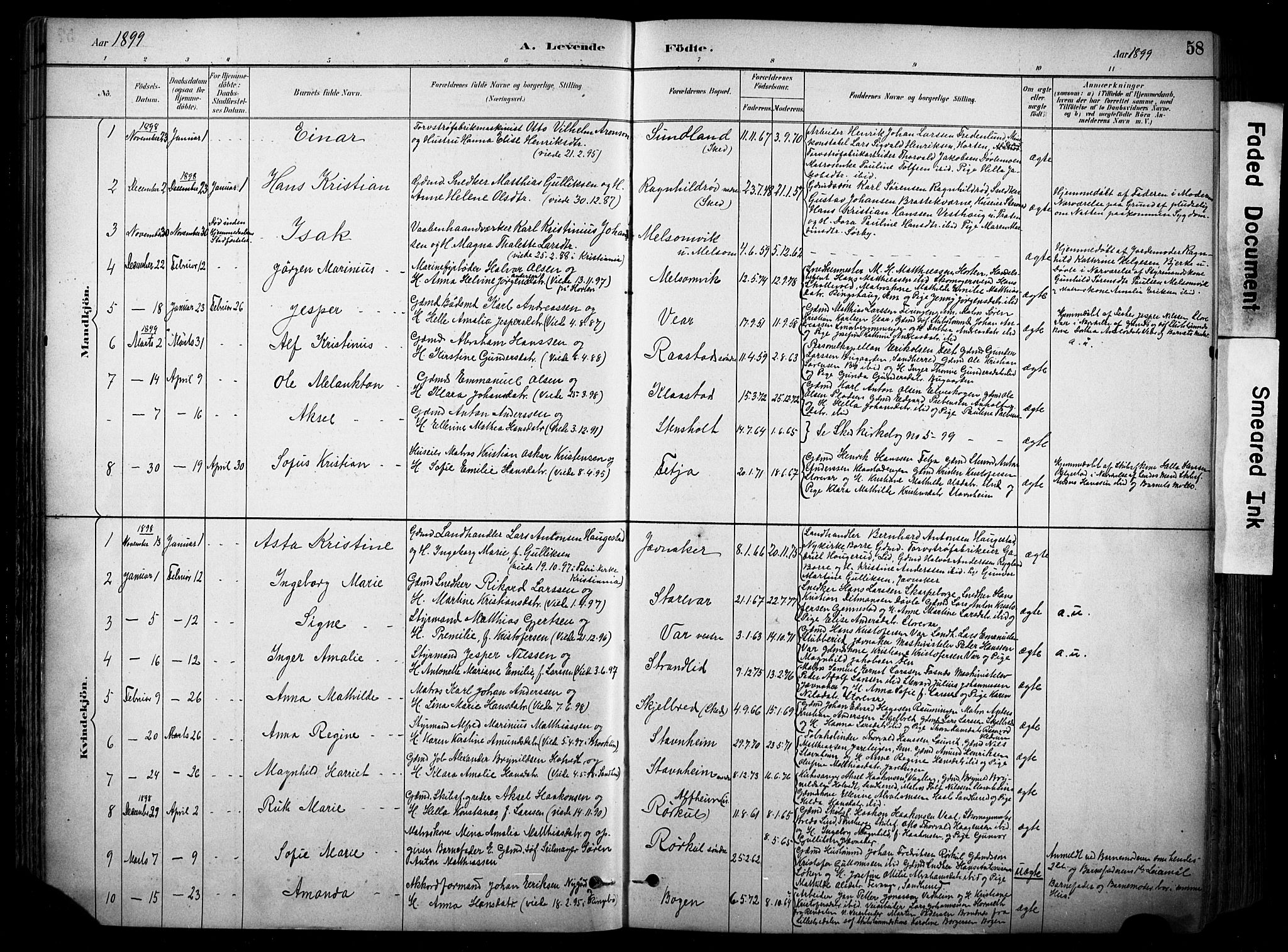 Stokke kirkebøker, AV/SAKO-A-320/F/Fa/L0010: Parish register (official) no. I 10, 1884-1903, p. 58