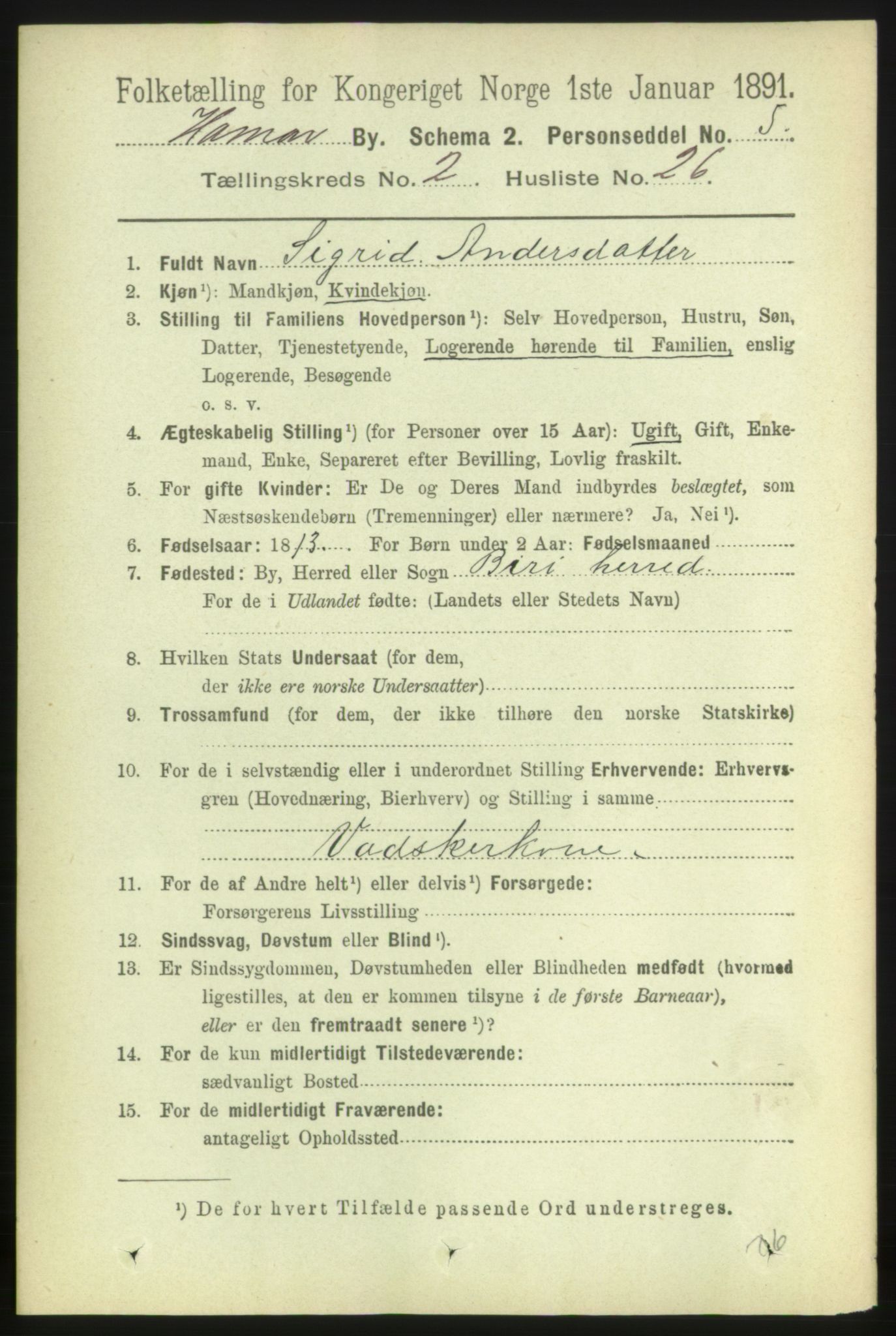 RA, 1891 census for 0401 Hamar, 1891, p. 1373
