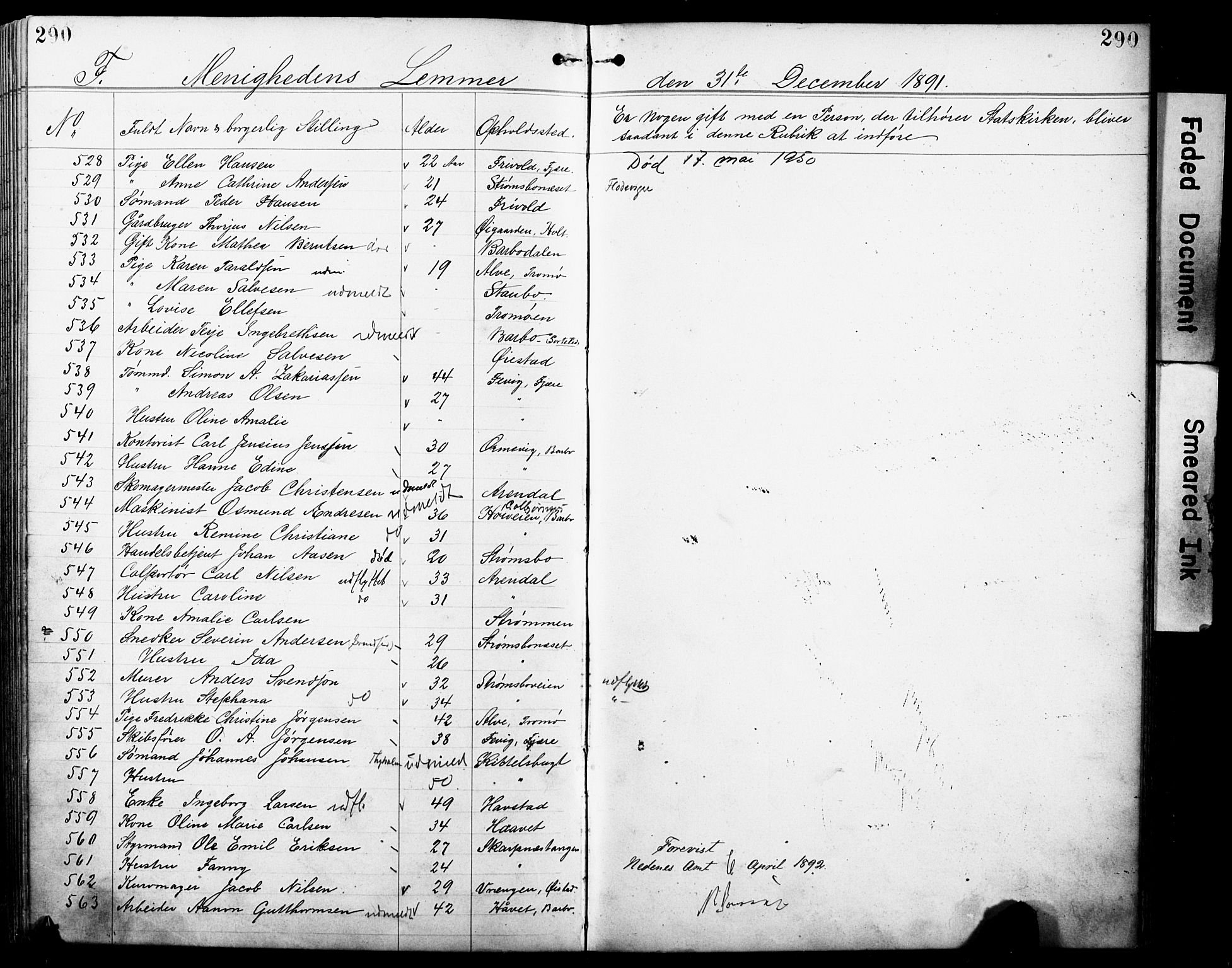 Den evangelisk-lutherske frimenighet, Arendal, AV/SAK-1292-0005/F/Fa/L0002: Dissenter register no. F 6, 1884-1908, p. 290