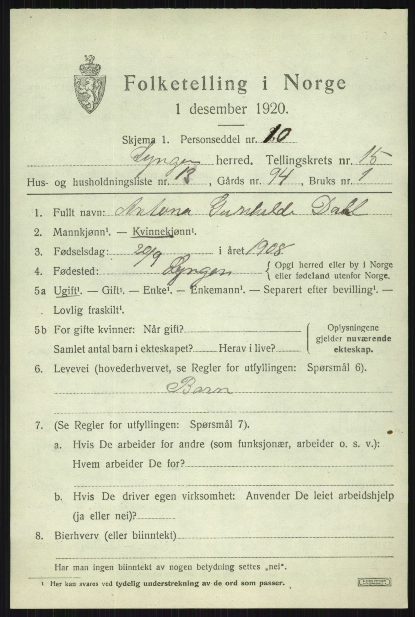 SATØ, 1920 census for Lyngen, 1920, p. 13015