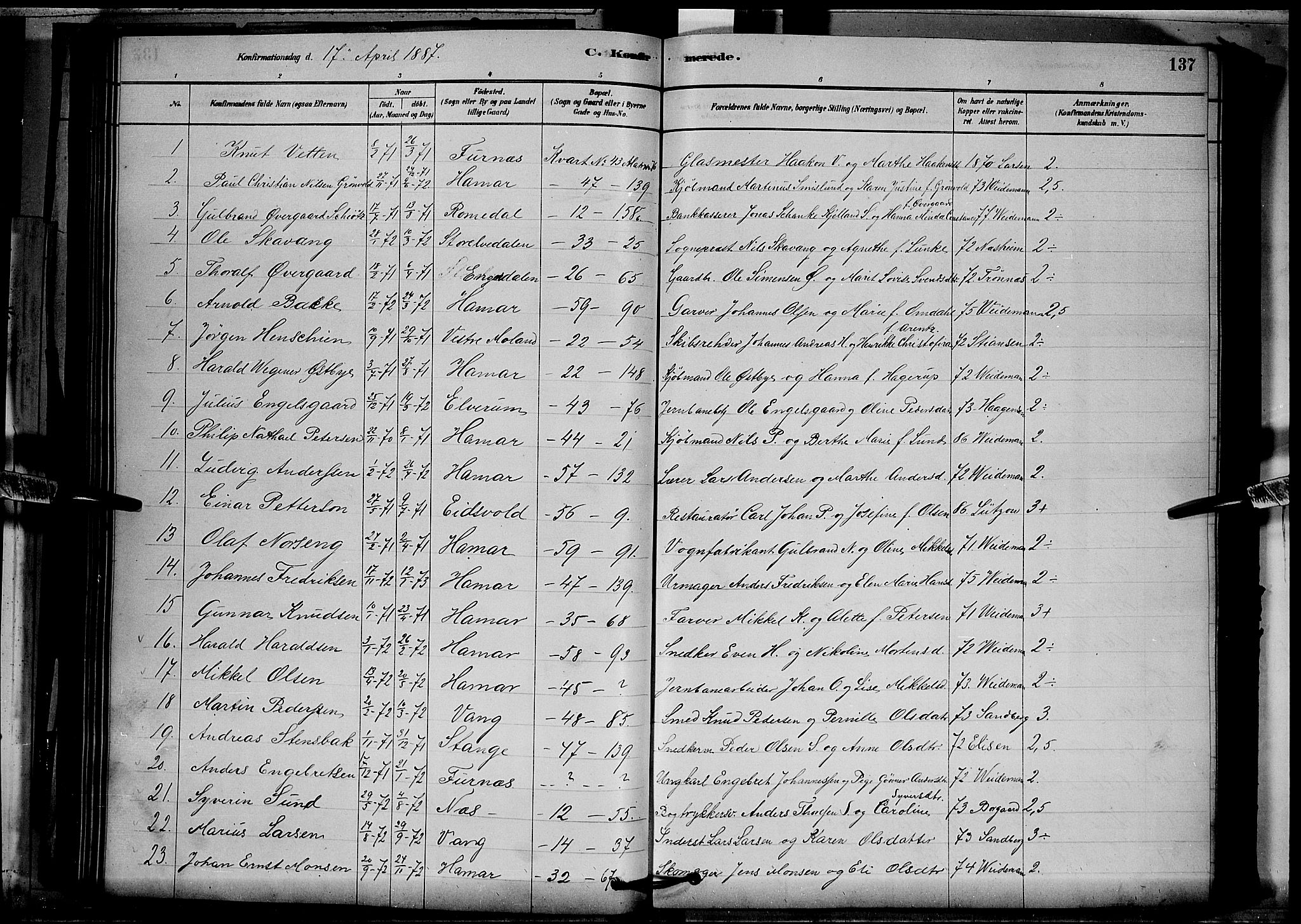 Vang prestekontor, Hedmark, SAH/PREST-008/H/Ha/Hab/L0012: Parish register (copy) no. 12, 1878-1889, p. 137