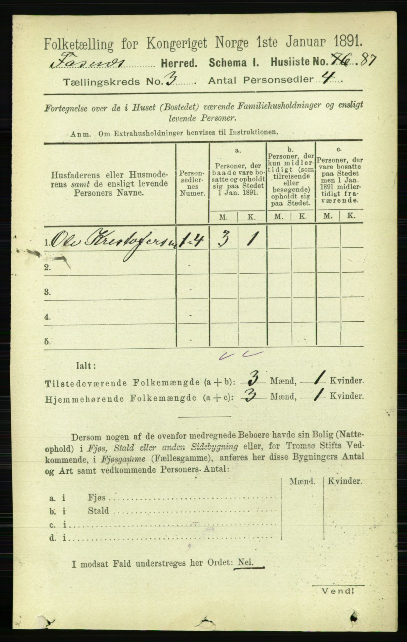 RA, 1891 census for 1748 Fosnes, 1891, p. 697