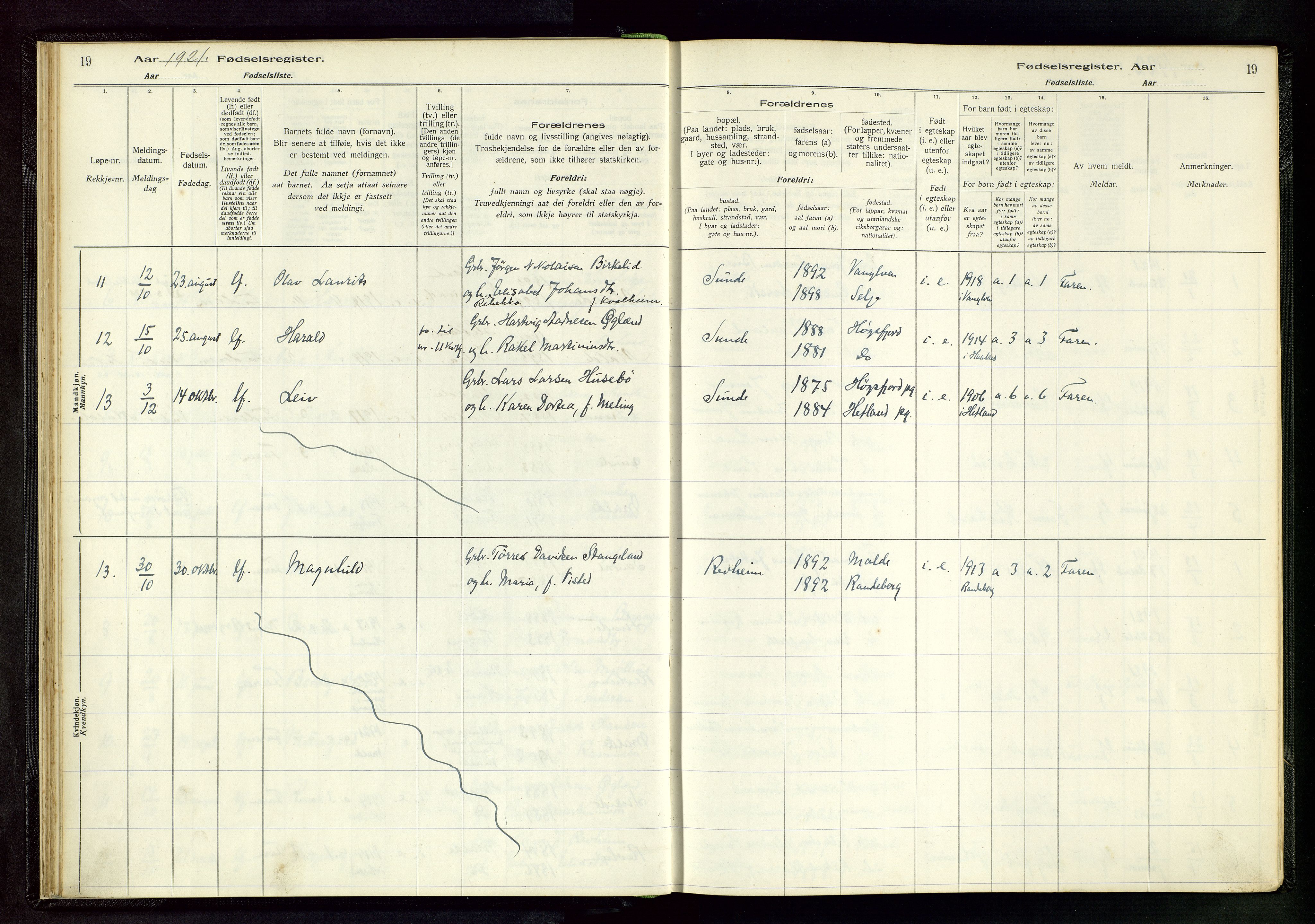 Håland sokneprestkontor, AV/SAST-A-101802/002/A/L0005: Birth register no. 5, 1916-1957, p. 19