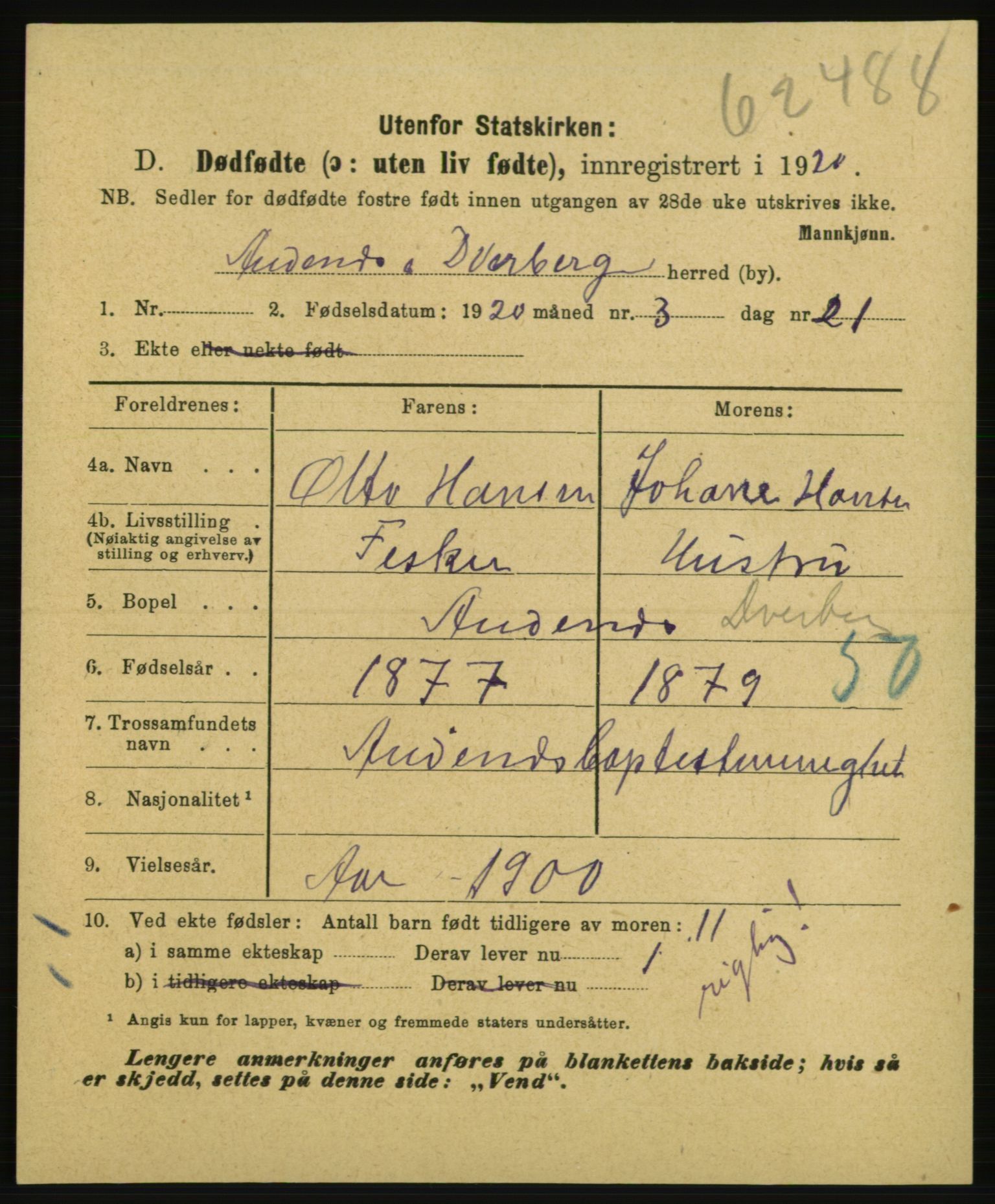 Statistisk sentralbyrå, Sosiodemografiske emner, Befolkning, AV/RA-S-2228/E/L0018: Fødte, gifte, døde dissentere., 1920, p. 3683