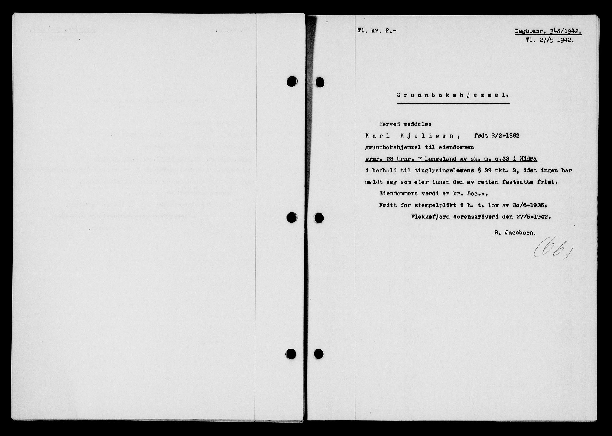Flekkefjord sorenskriveri, SAK/1221-0001/G/Gb/Gba/L0057: Mortgage book no. A-5, 1941-1942, Diary no: : 348/1942