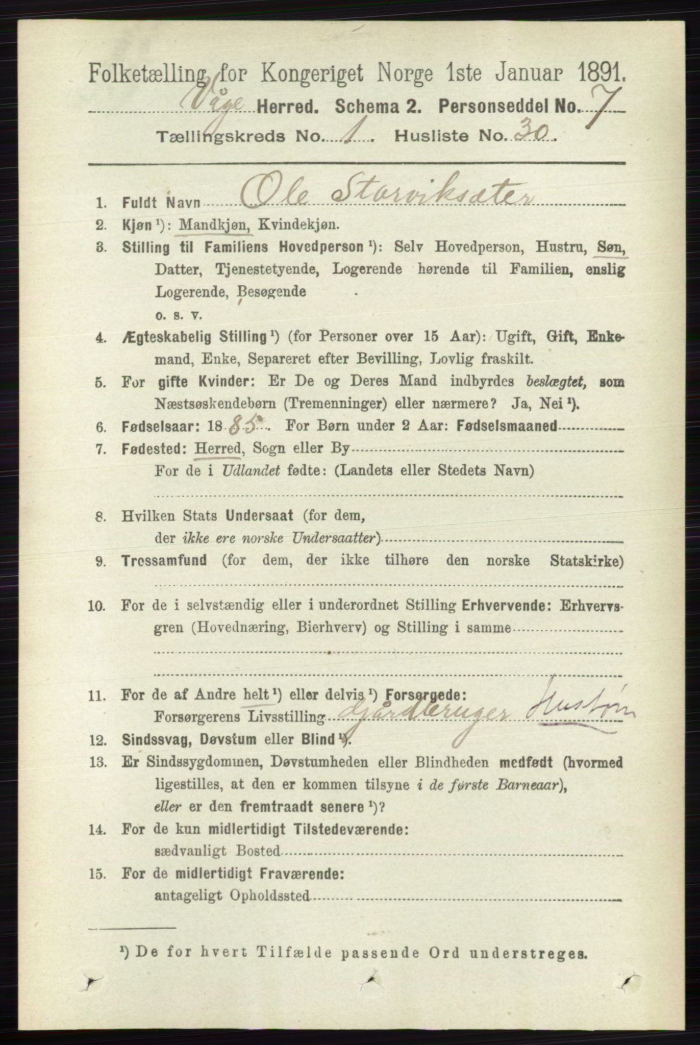 RA, 1891 census for 0515 Vågå, 1891, p. 334