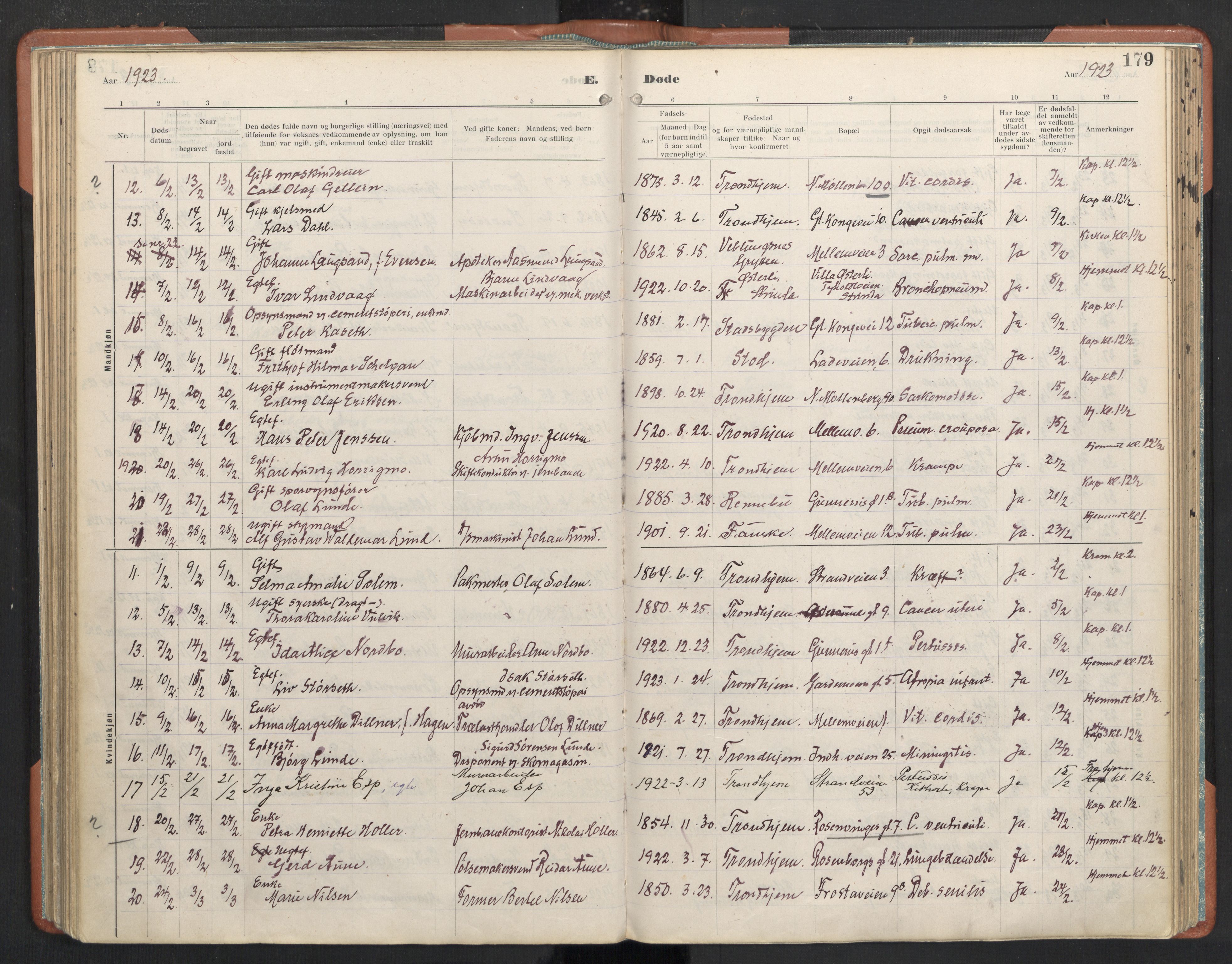 Ministerialprotokoller, klokkerbøker og fødselsregistre - Sør-Trøndelag, SAT/A-1456/605/L0245: Parish register (official) no. 605A07, 1916-1938, p. 179