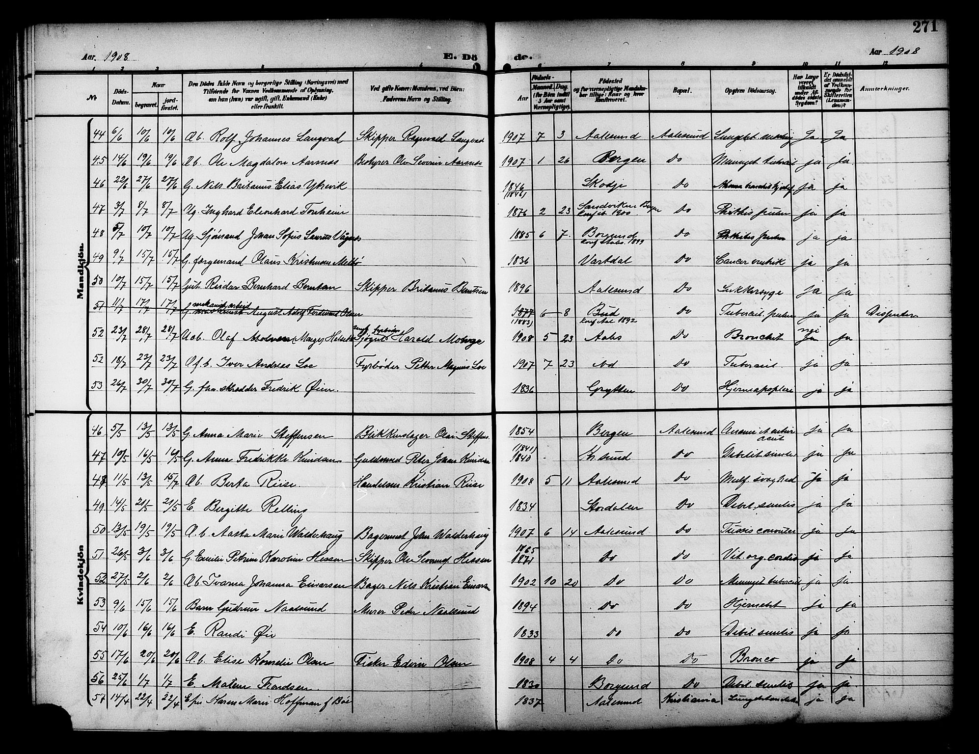 Ministerialprotokoller, klokkerbøker og fødselsregistre - Møre og Romsdal, AV/SAT-A-1454/529/L0470: Parish register (copy) no. 529C07, 1907-1917, p. 271